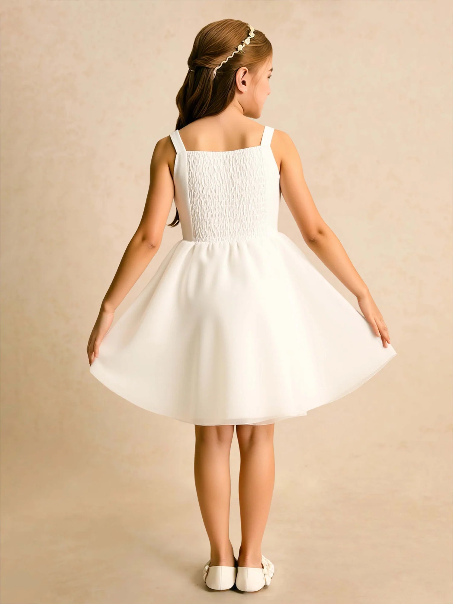 Wide Strap Square Front Giant Bow White Tulle Short Flower Girl Dresses