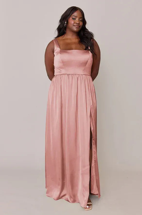 Wide Strap Square Neck Elastic Waist A Line High Slit Satin Plus Size Bridesmaid Dress