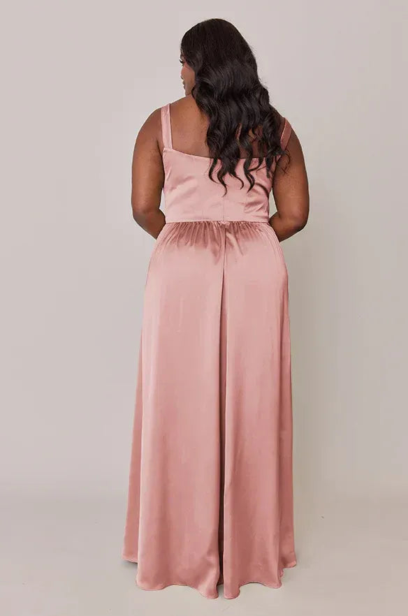 Wide Strap Square Neck Elastic Waist A Line High Slit Satin Plus Size Bridesmaid Dress