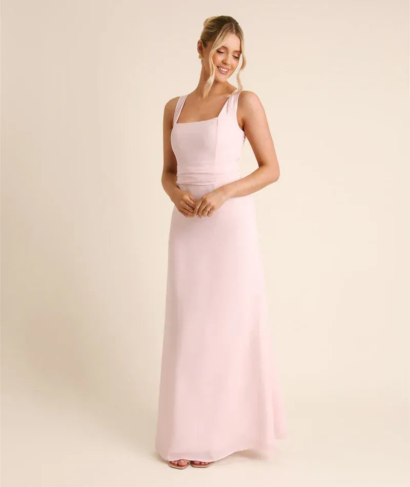 Wide Strap Square Neck Back Bow Detail A Line Chiffon Long Bridesmaid Dress