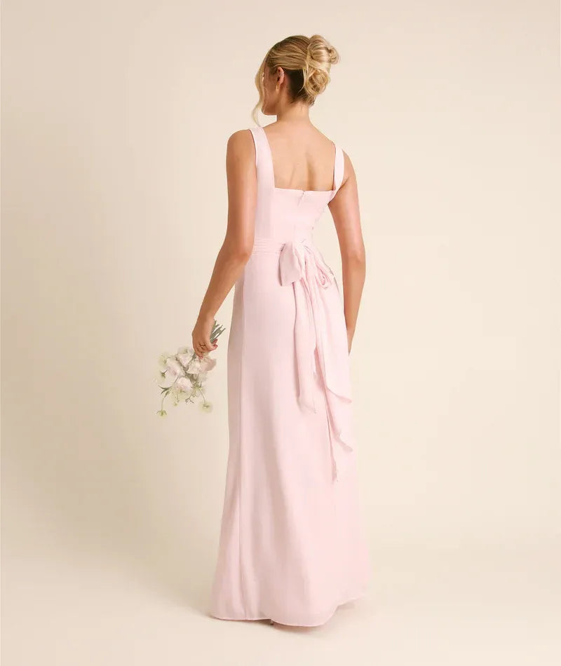 Wide Strap Square Neck Back Bow Detail A Line Chiffon Long Bridesmaid Dress