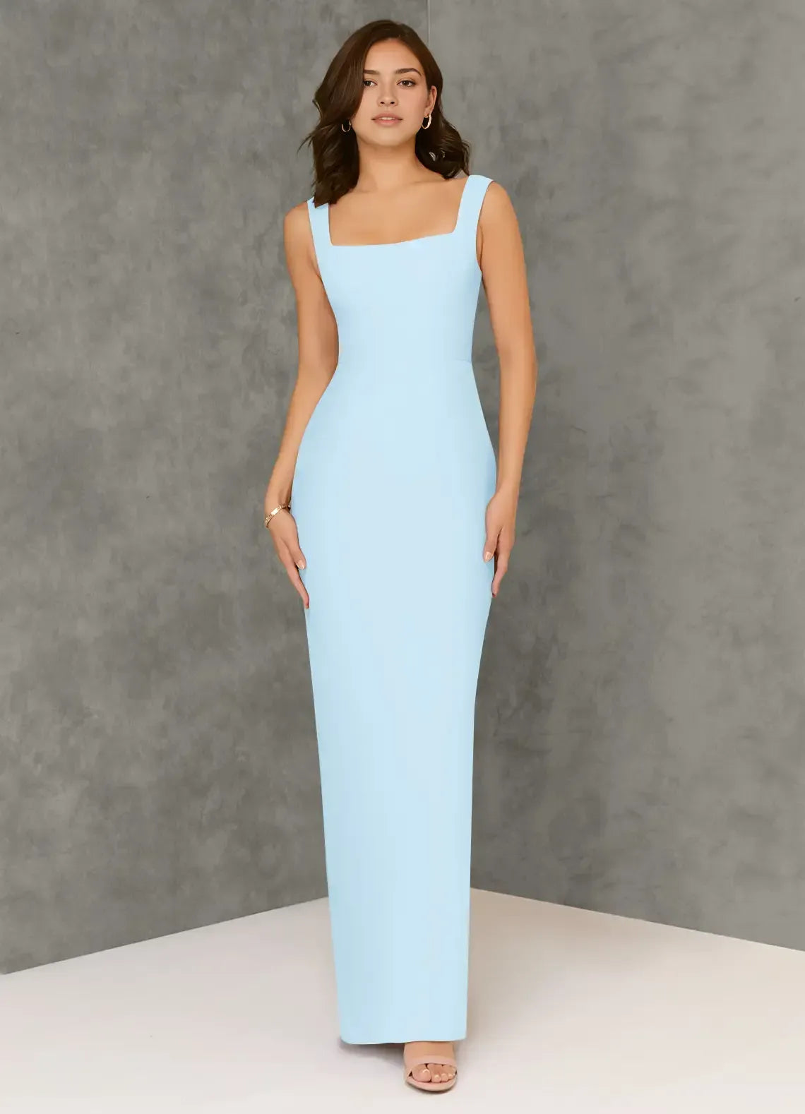 Wide Strap Square Neck Back Cutout Split Crepe Long Bridesmaid Dress