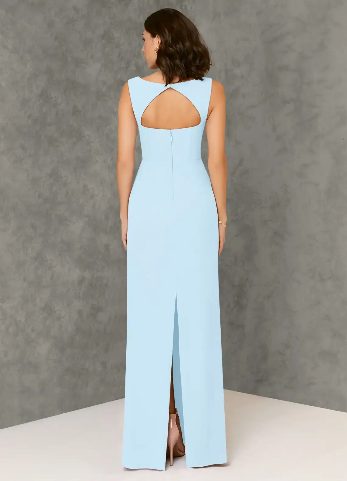 Wide Strap Square Neck Back Cutout Split Crepe Long Bridesmaid Dress