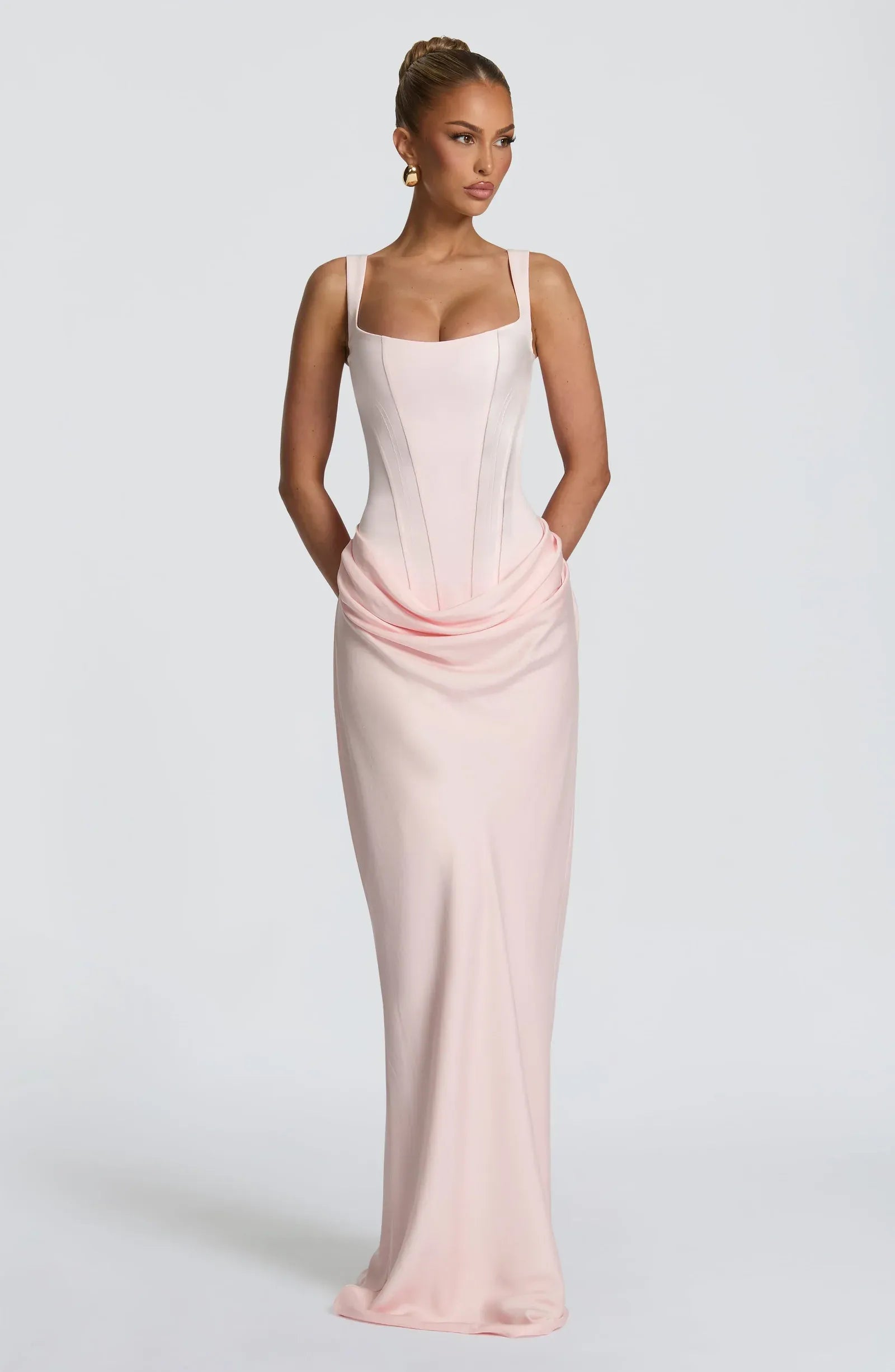 Wide Strap Square Neck Corset Waist Draped Blush Pink Satin Mermaid Maxi Wedding Guest Dresses