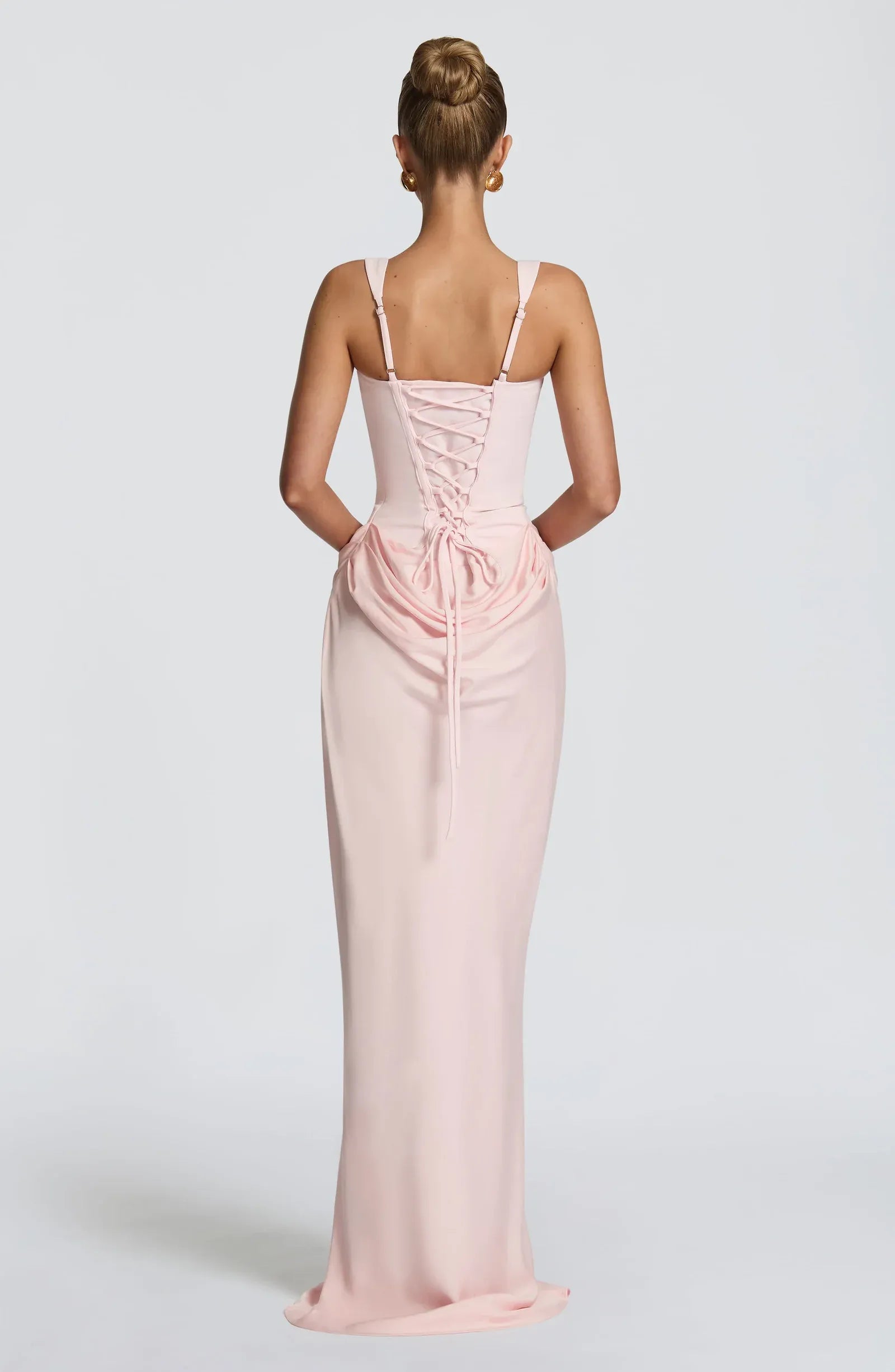 Wide Strap Square Neck Corset Waist Draped Blush Pink Satin Mermaid Maxi Wedding Guest Dresses
