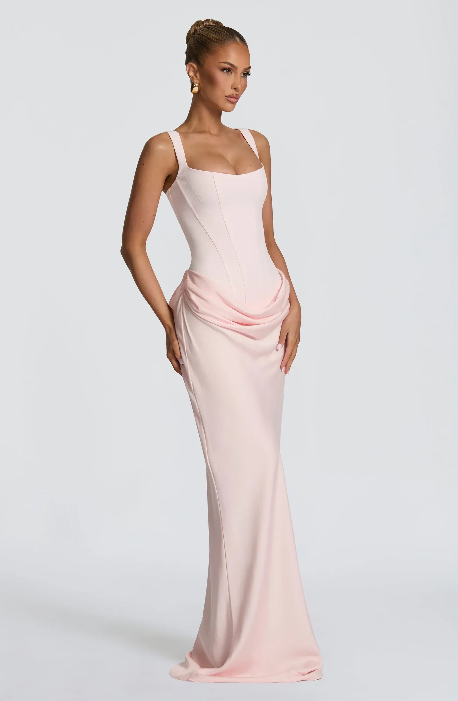 Wide Strap Square Neck Corset Waist Draped Blush Pink Satin Mermaid Maxi Wedding Guest Dresses
