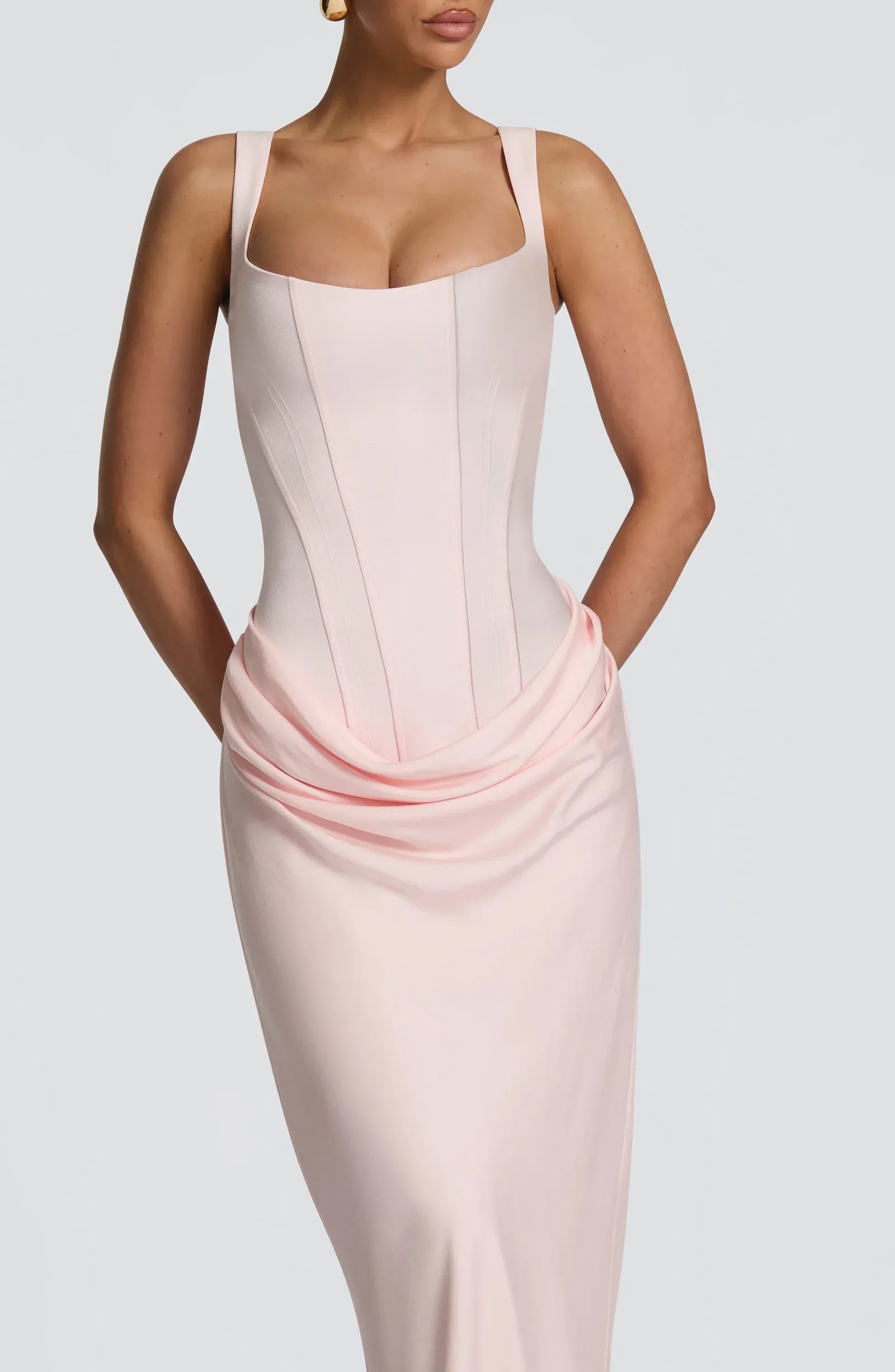Wide Strap Square Neck Corset Waist Draped Blush Pink Satin Mermaid Maxi Wedding Guest Dresses