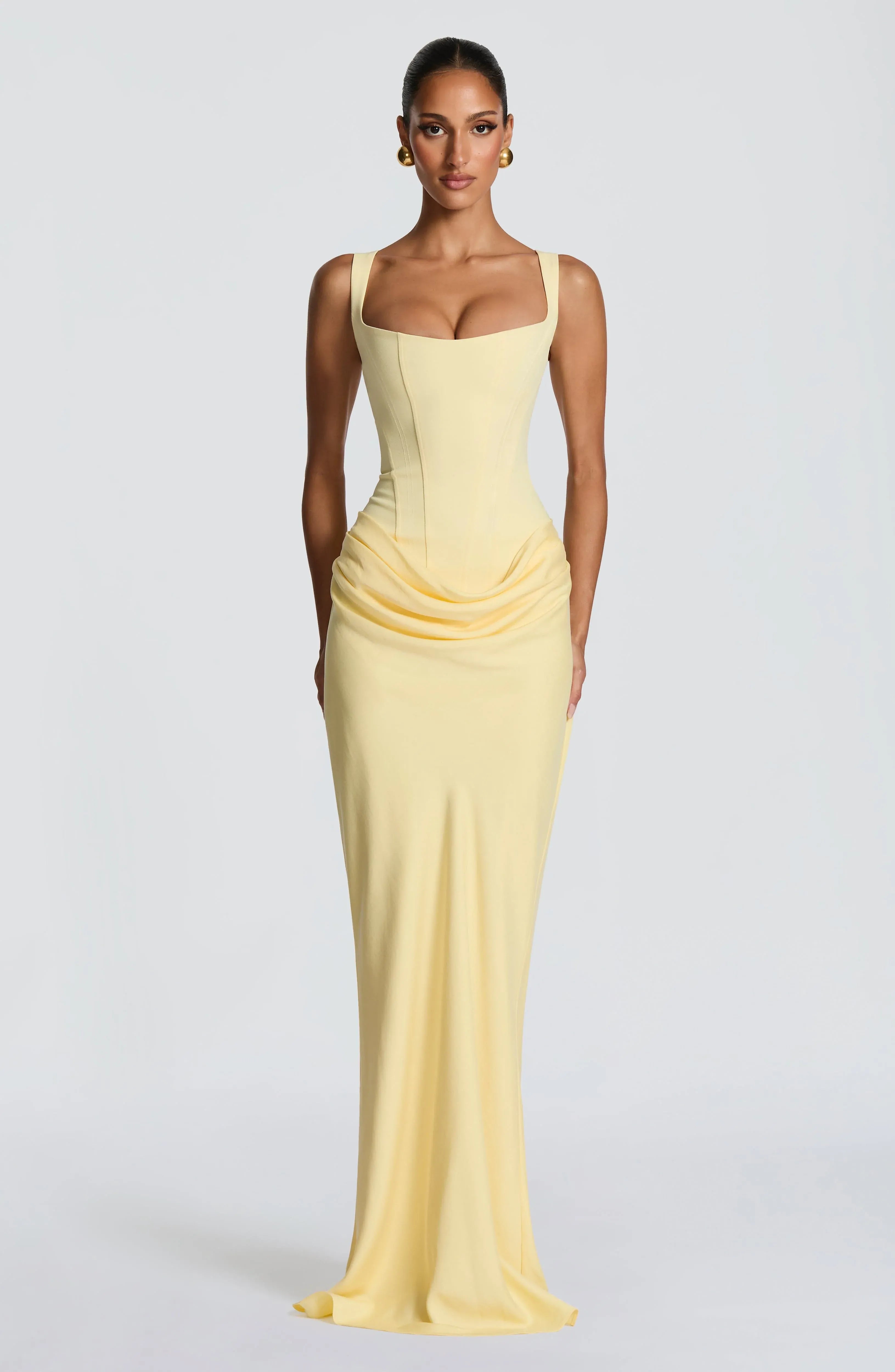 Wide Strap Square Neck Corset Waist Draped Pale Yellow Crepe Mermaid Maxi Wedding Guest Dresses