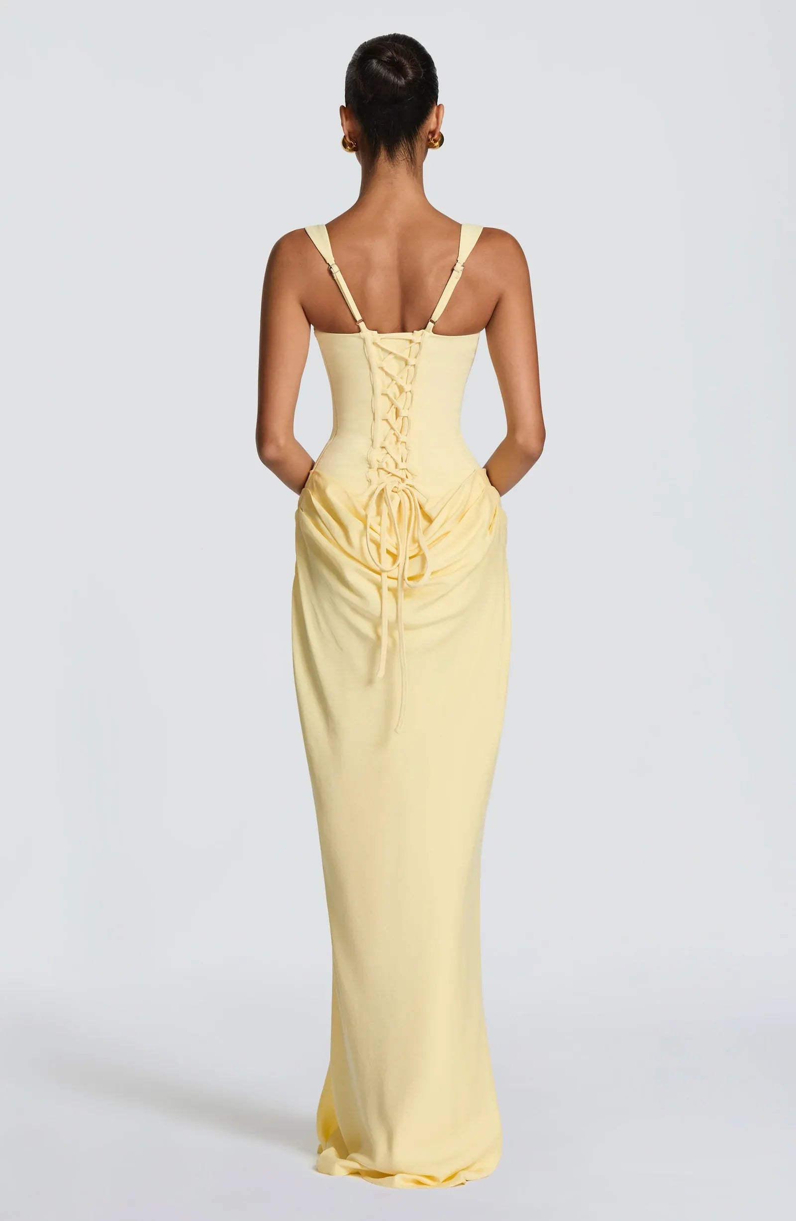 Wide Strap Square Neck Corset Waist Draped Pale Yellow Crepe Mermaid Maxi Wedding Guest Dresses