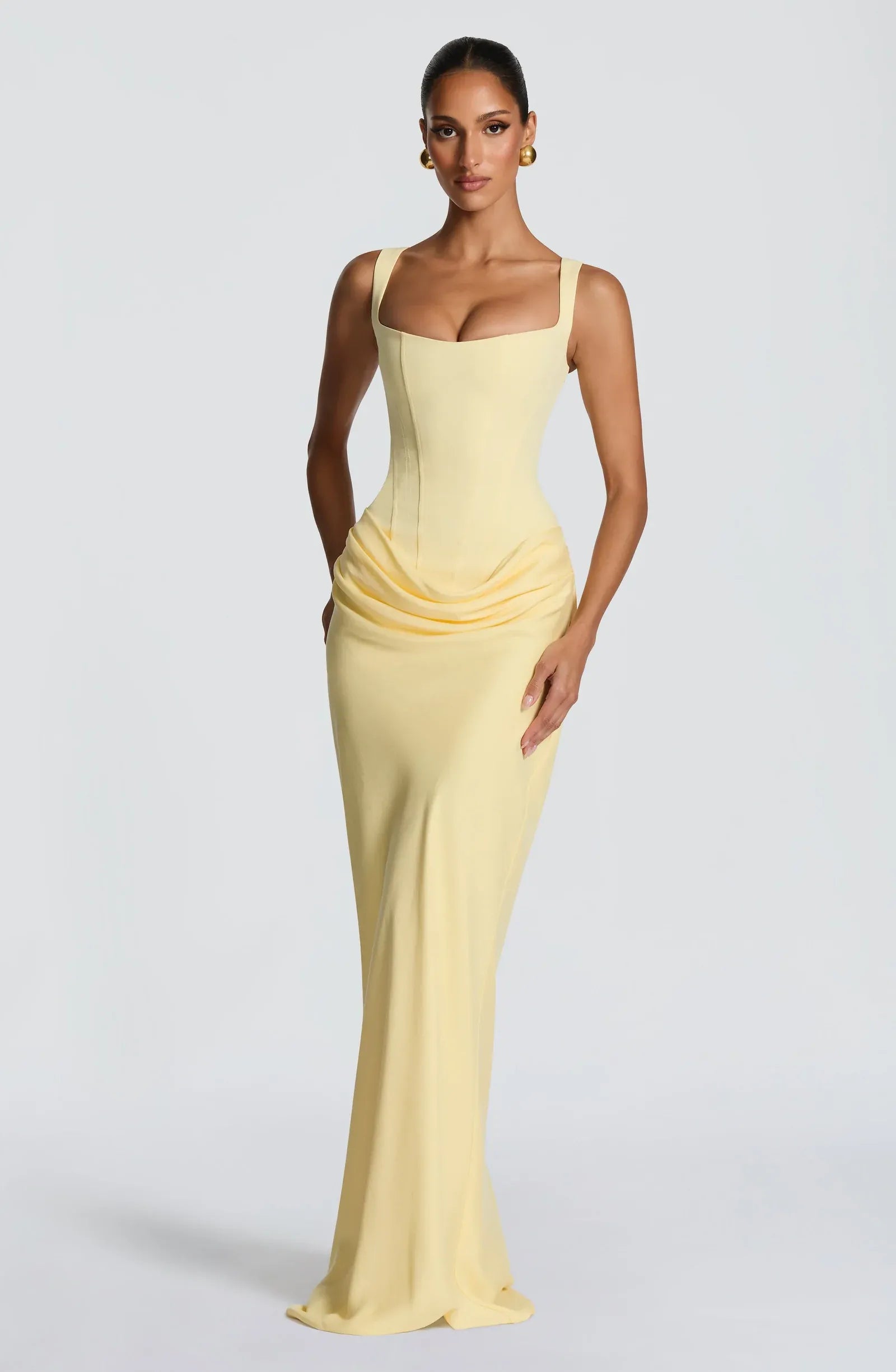 Wide Strap Square Neck Corset Waist Draped Pale Yellow Crepe Mermaid Maxi Wedding Guest Dresses