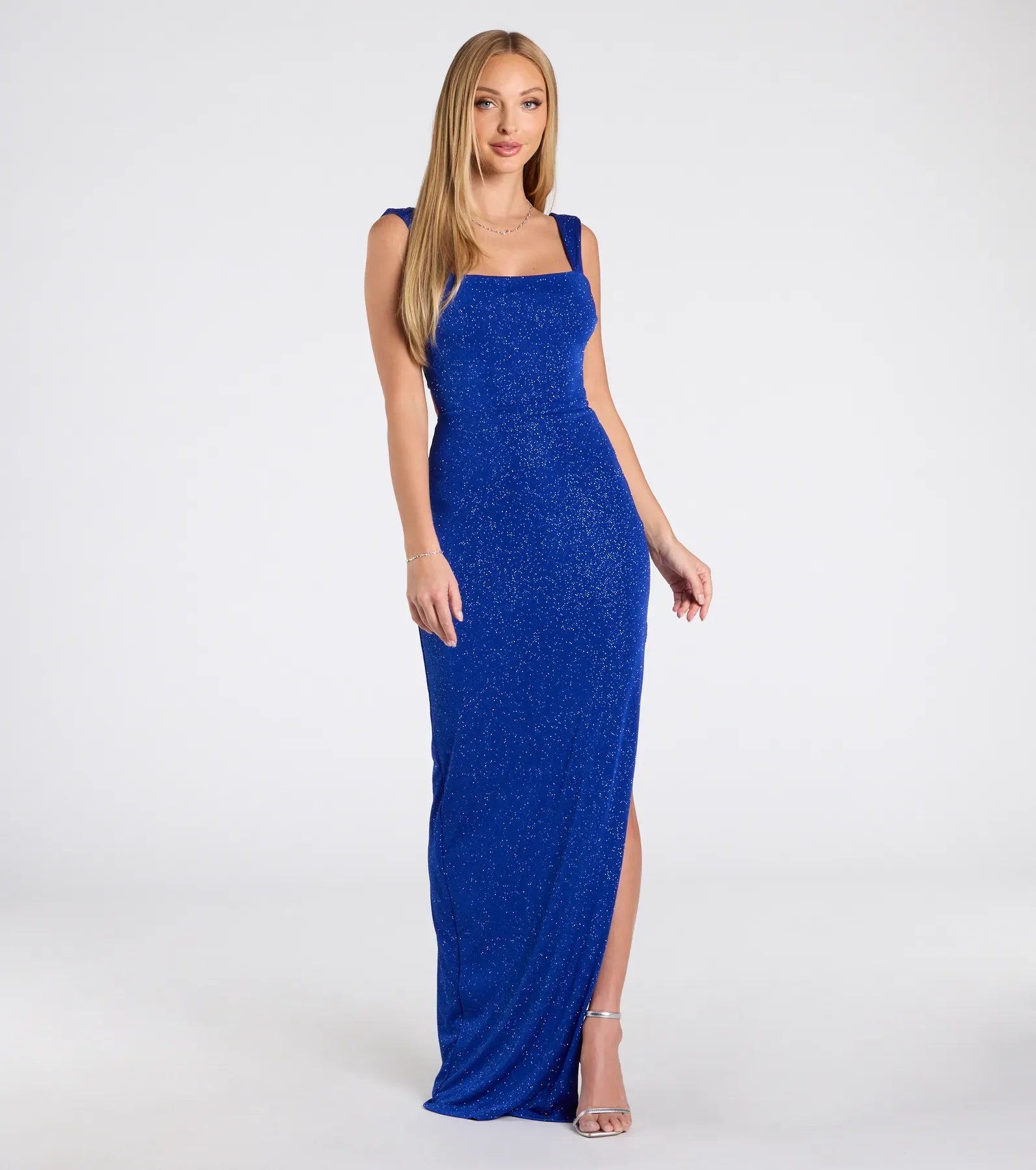 Wide Strap Square Neck Lace-Up Back All Over Glitter Royal Blue High Slit Mermaid Maxi Wedding Guest Dress