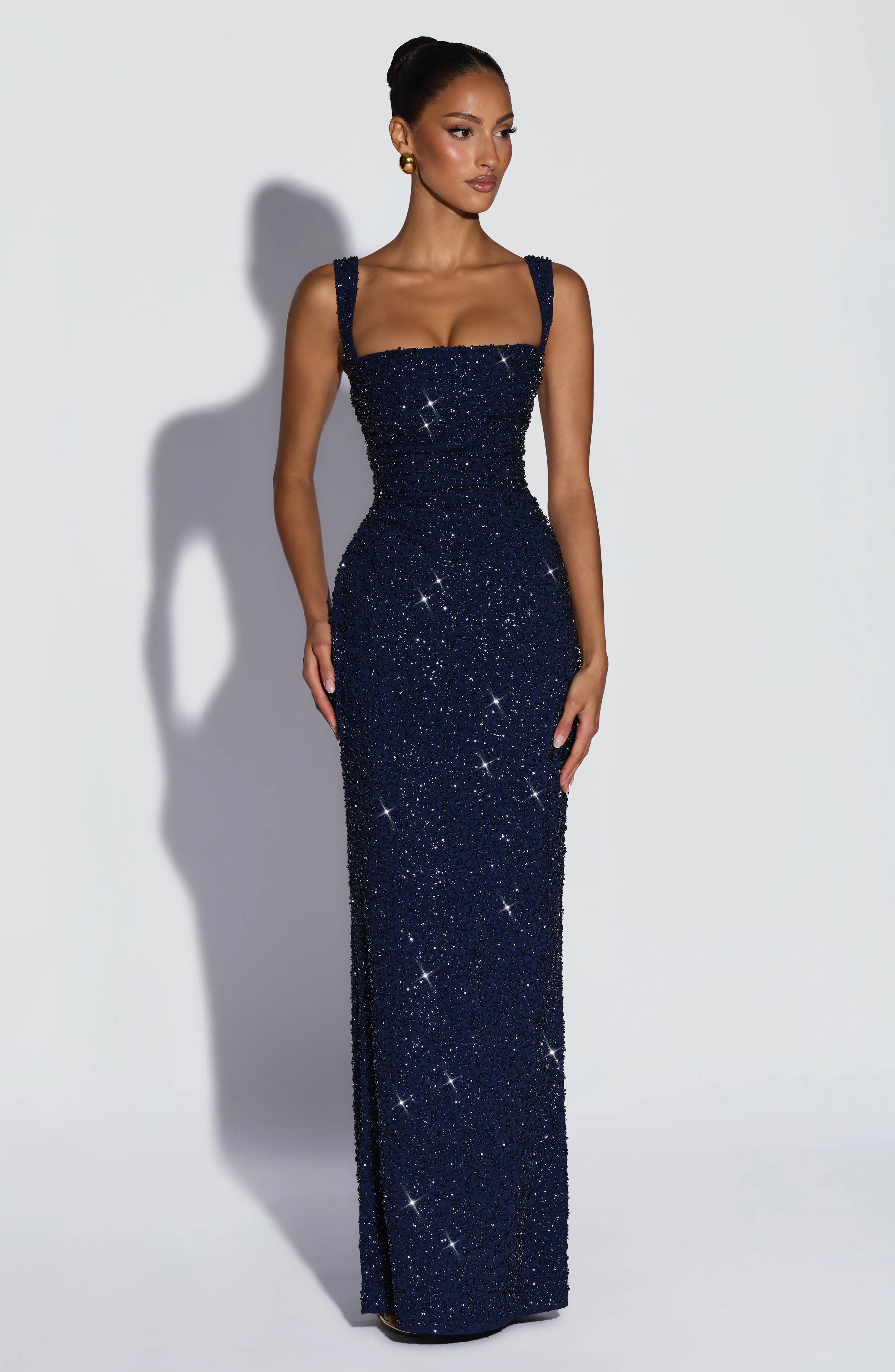 Wide Strap Square Neck Ruched All Over Glitter Navy Mermaid Maxi Wedding Guest Dresses