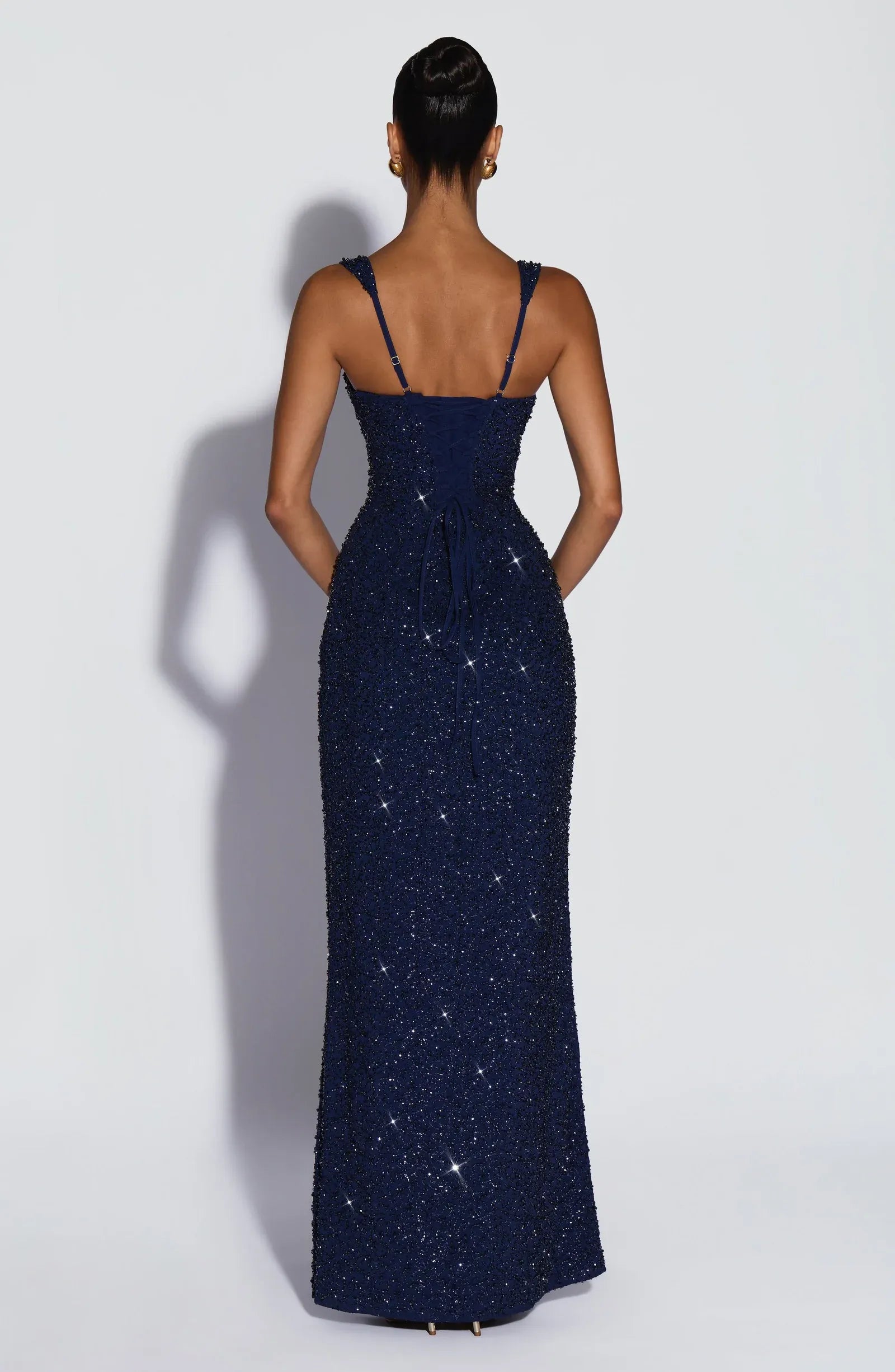 Wide Strap Square Neck Ruched All Over Glitter Navy Mermaid Maxi Wedding Guest Dresses