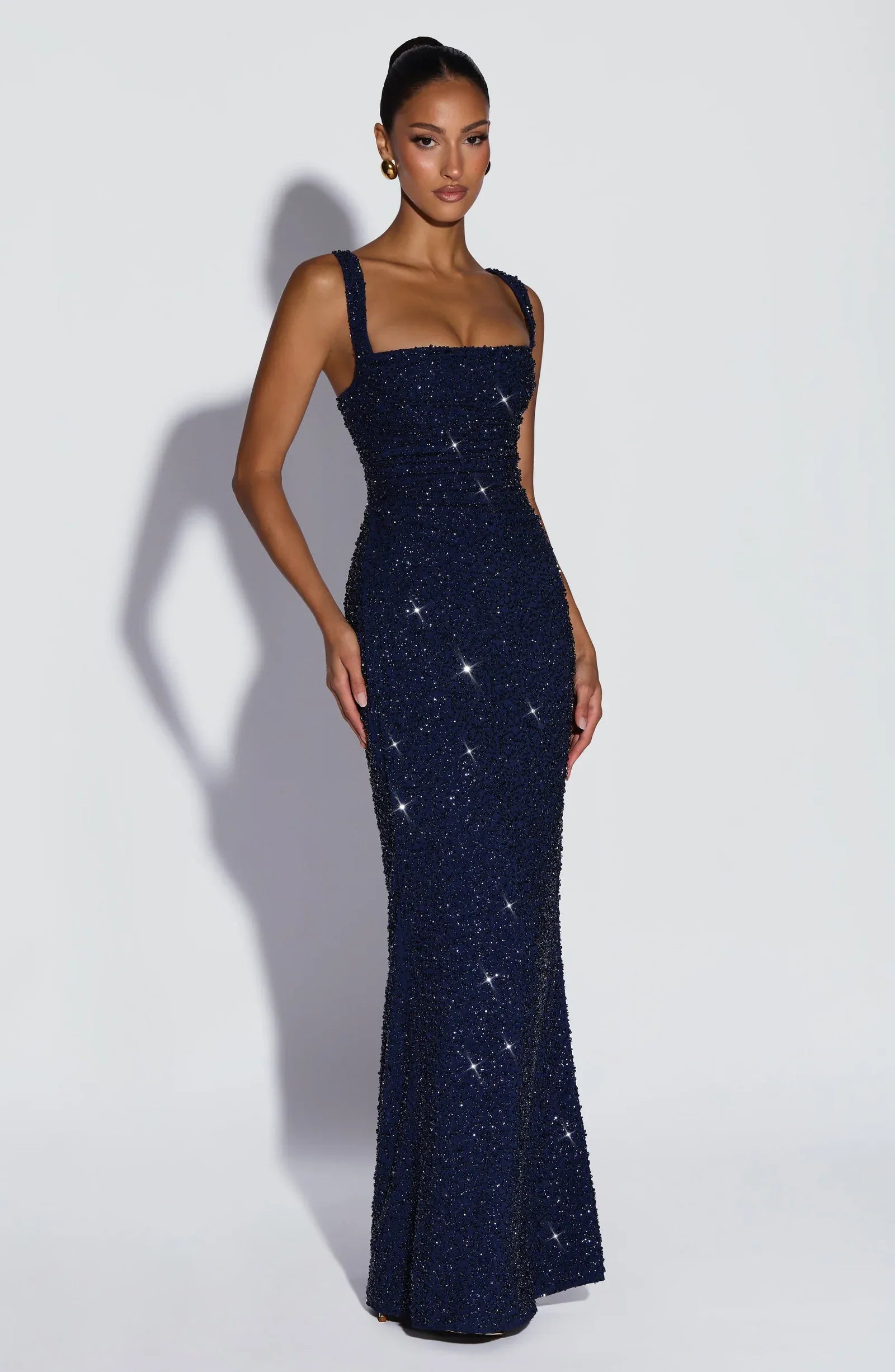 Wide Strap Square Neck Ruched All Over Glitter Navy Mermaid Maxi Wedding Guest Dresses