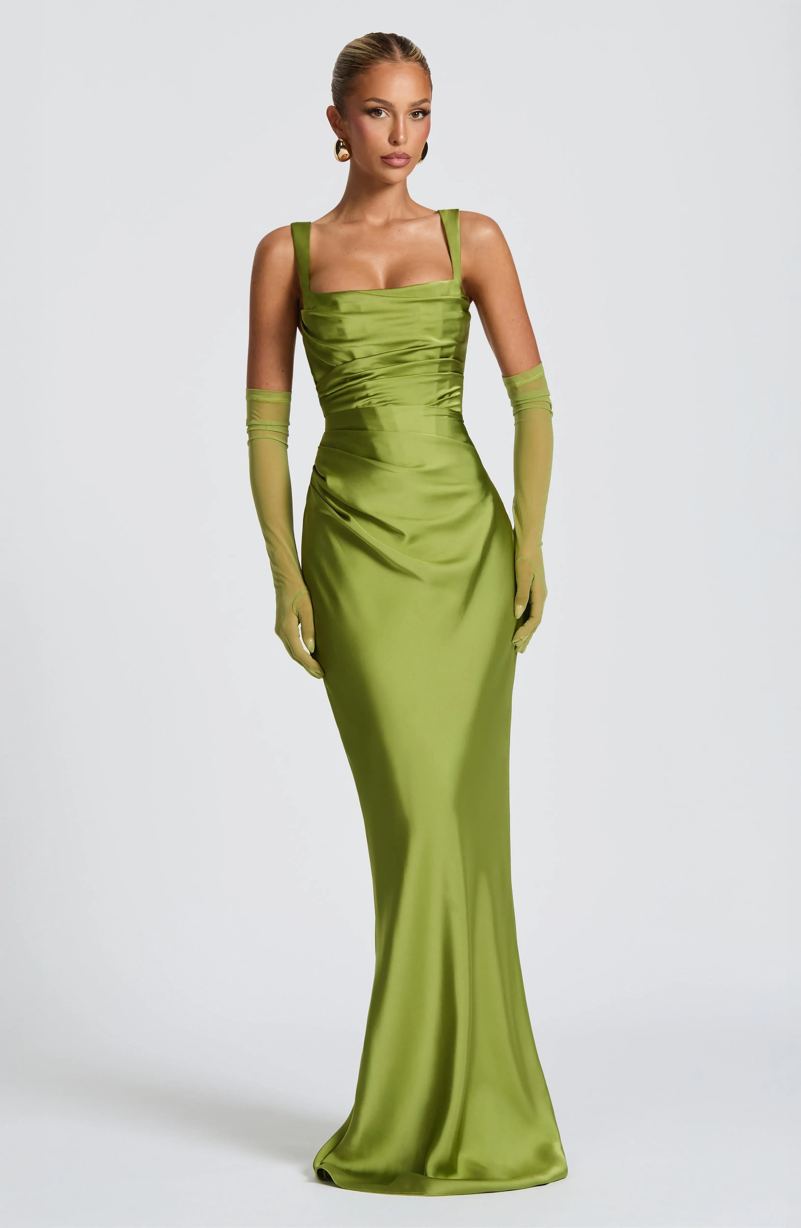 Wide Strap Square Neck Ruched Waist Choker Scarf Olive Satin Mermaid Maxi Wedding Guest Dresses