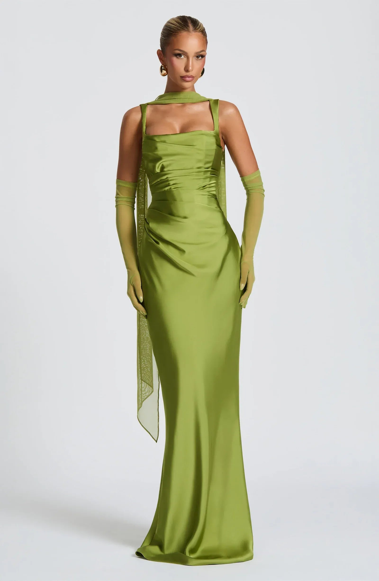 Wide Strap Square Neck Ruched Waist Choker Scarf Olive Satin Mermaid Maxi Wedding Guest Dresses