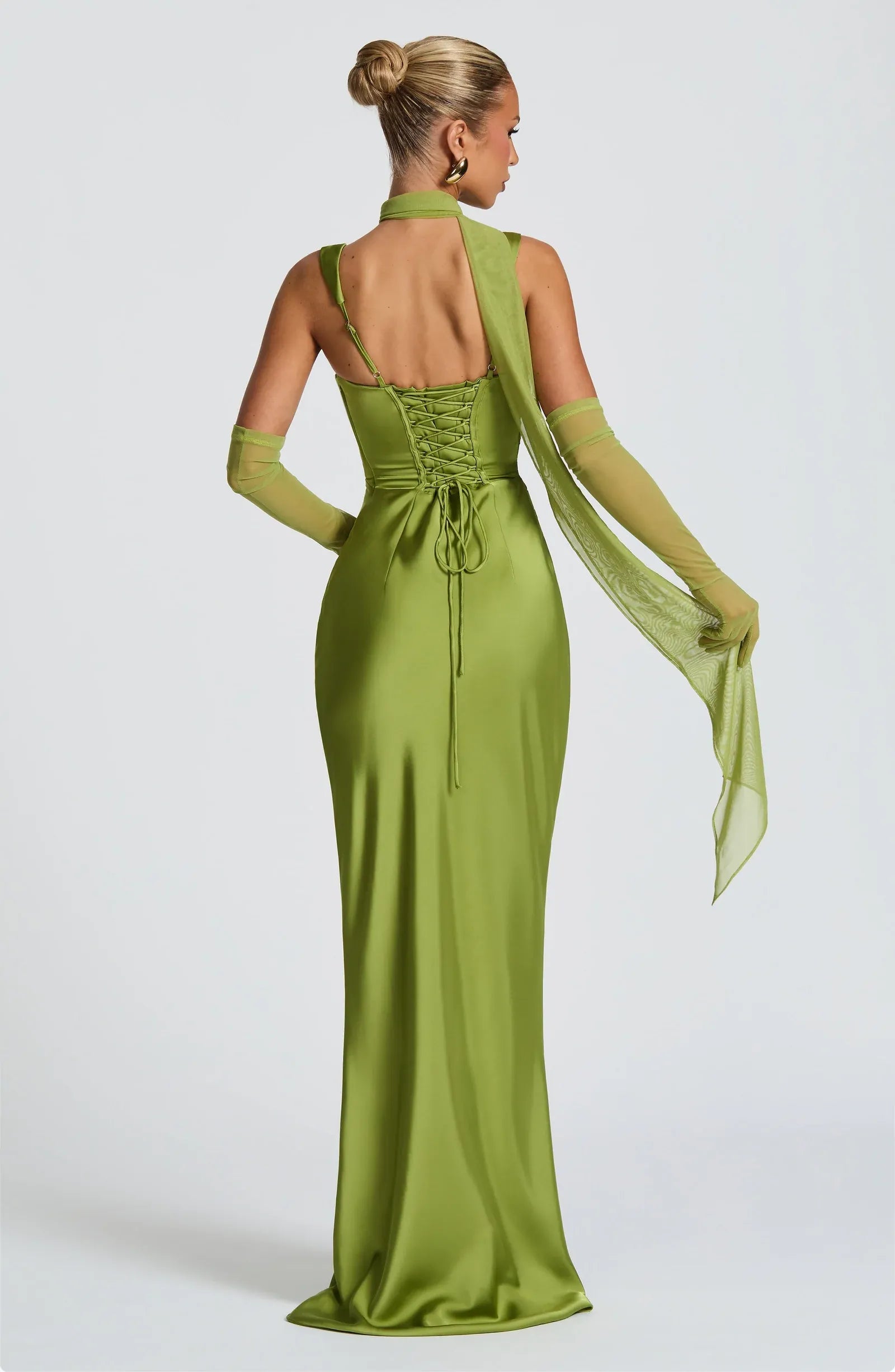Wide Strap Square Neck Ruched Waist Choker Scarf Olive Satin Mermaid Maxi Wedding Guest Dresses