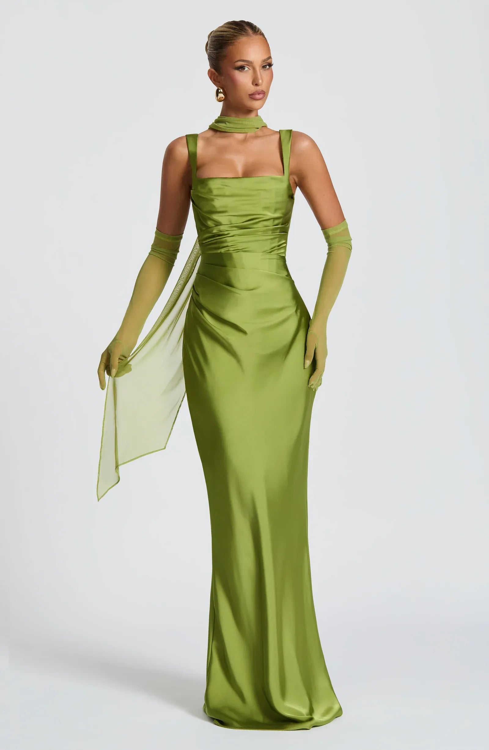 Wide Strap Square Neck Ruched Waist Choker Scarf Olive Satin Mermaid Maxi Wedding Guest Dresses