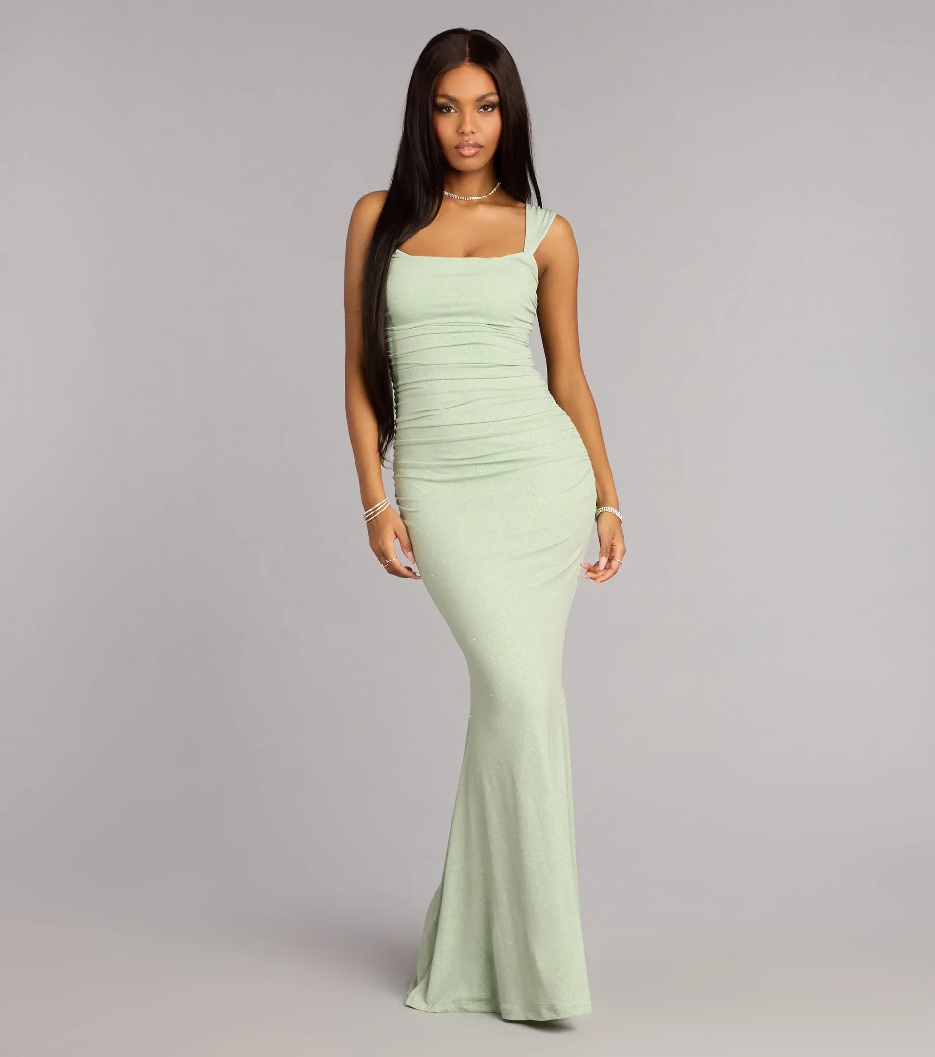 Wide Strap Square Neck Side Ruched Lace Up Cutout Back Glitter Mermaid Maxi Wedding Guest Dress