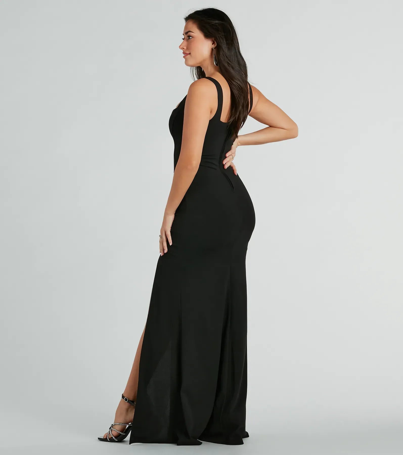 Wide Strap Square Neck Side Ruched Plain Back High Slit Black Jersey Mermaid Maxi Wedding Guest Dresses