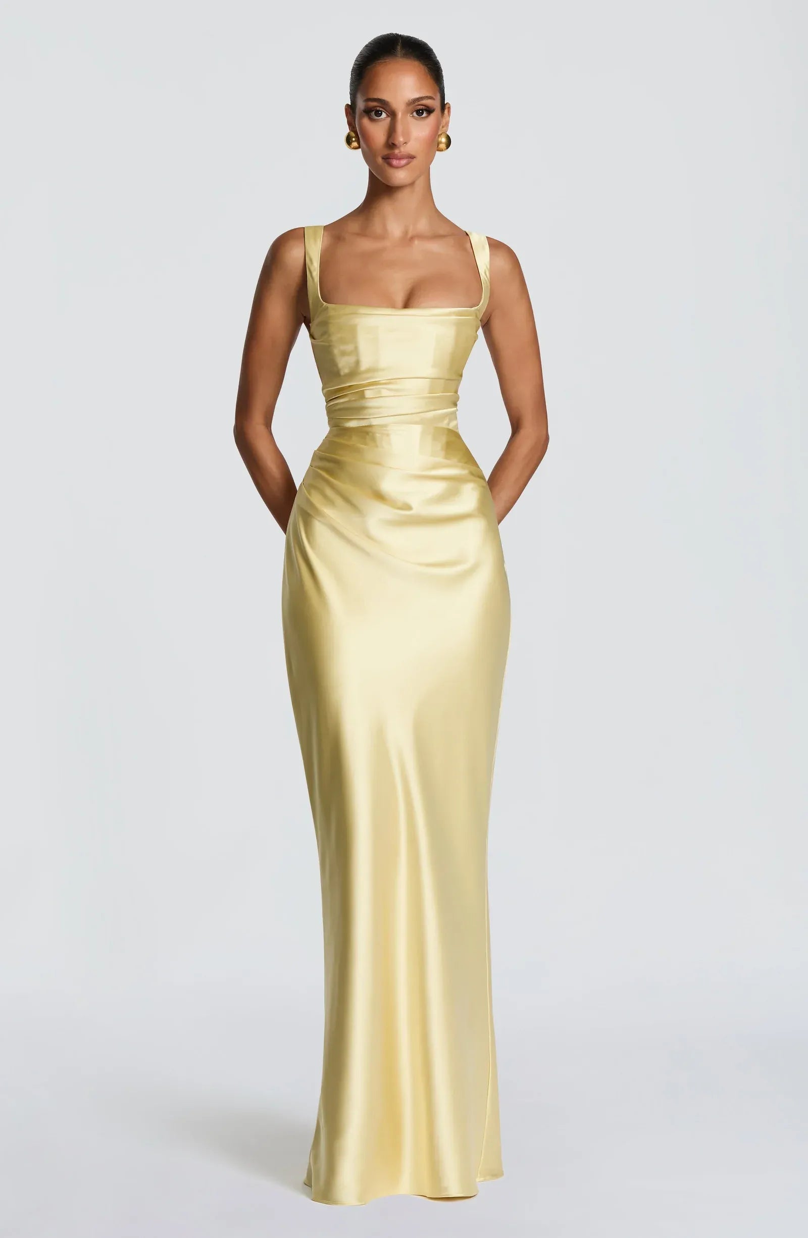Wide Strap Square Neck Waist Ruched Pale Yellow Satin Mermaid Maxi Wedding Guest Dresses