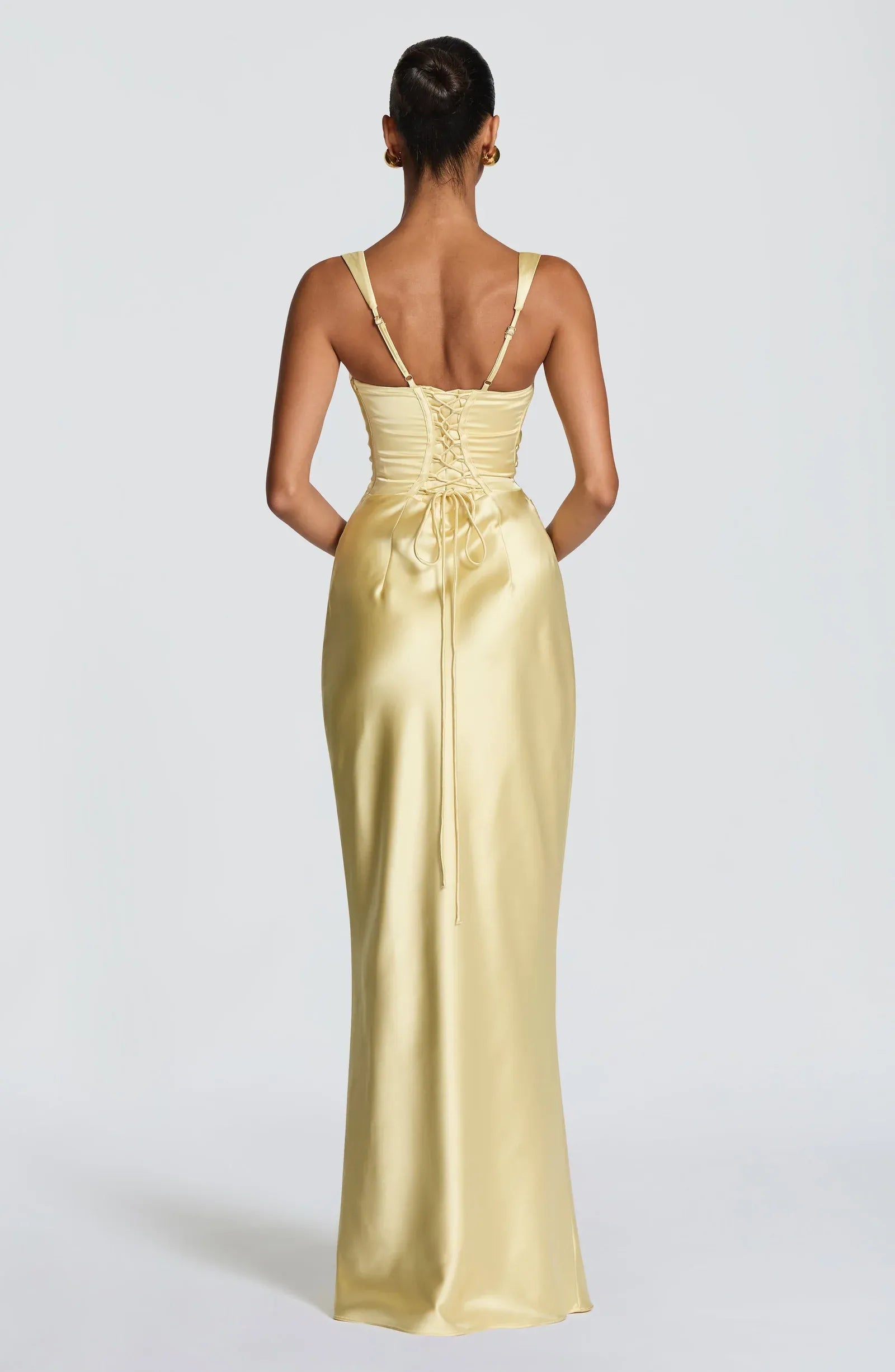 Wide Strap Square Neck Waist Ruched Pale Yellow Satin Mermaid Maxi Wedding Guest Dresses
