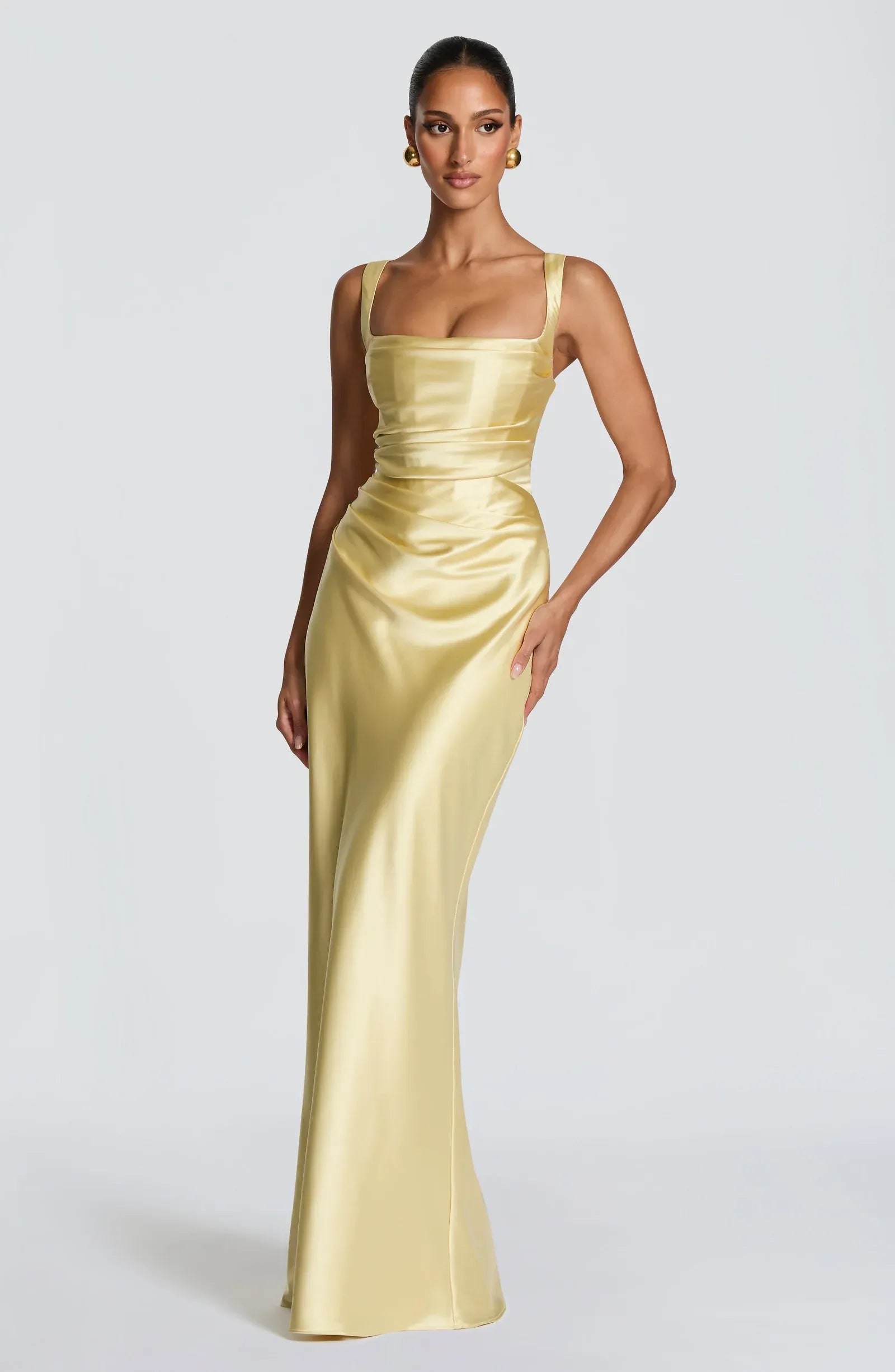 Wide Strap Square Neck Waist Ruched Pale Yellow Satin Mermaid Maxi Wedding Guest Dresses