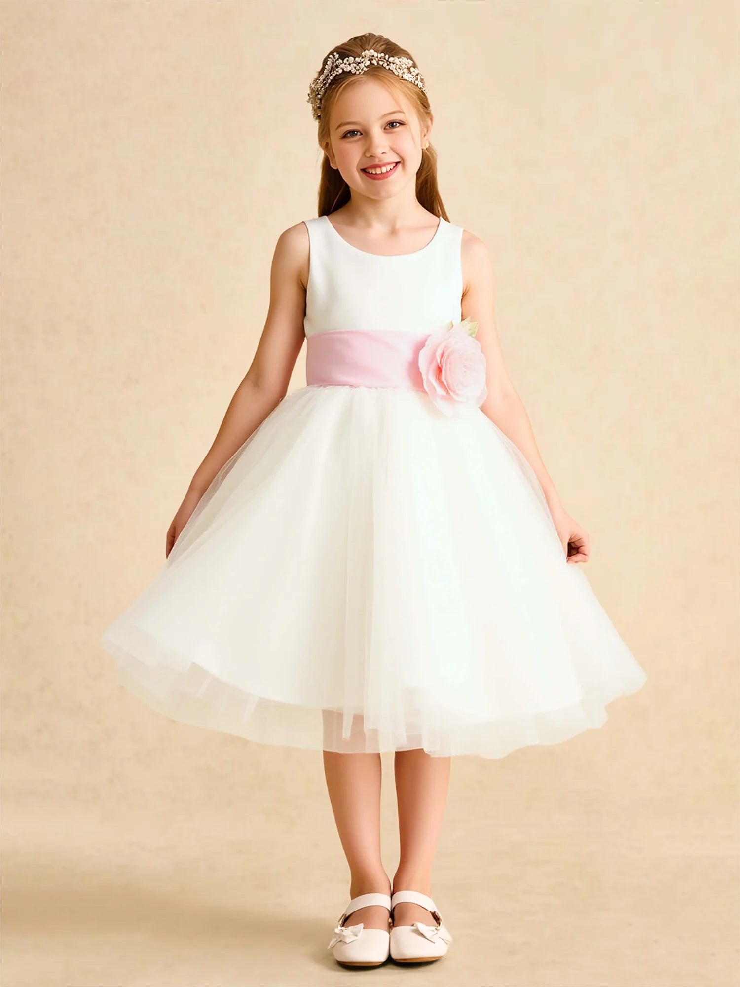 Wide Strap Square Waist Rose Back Bow White Tulle Short Flower Girl Dresses