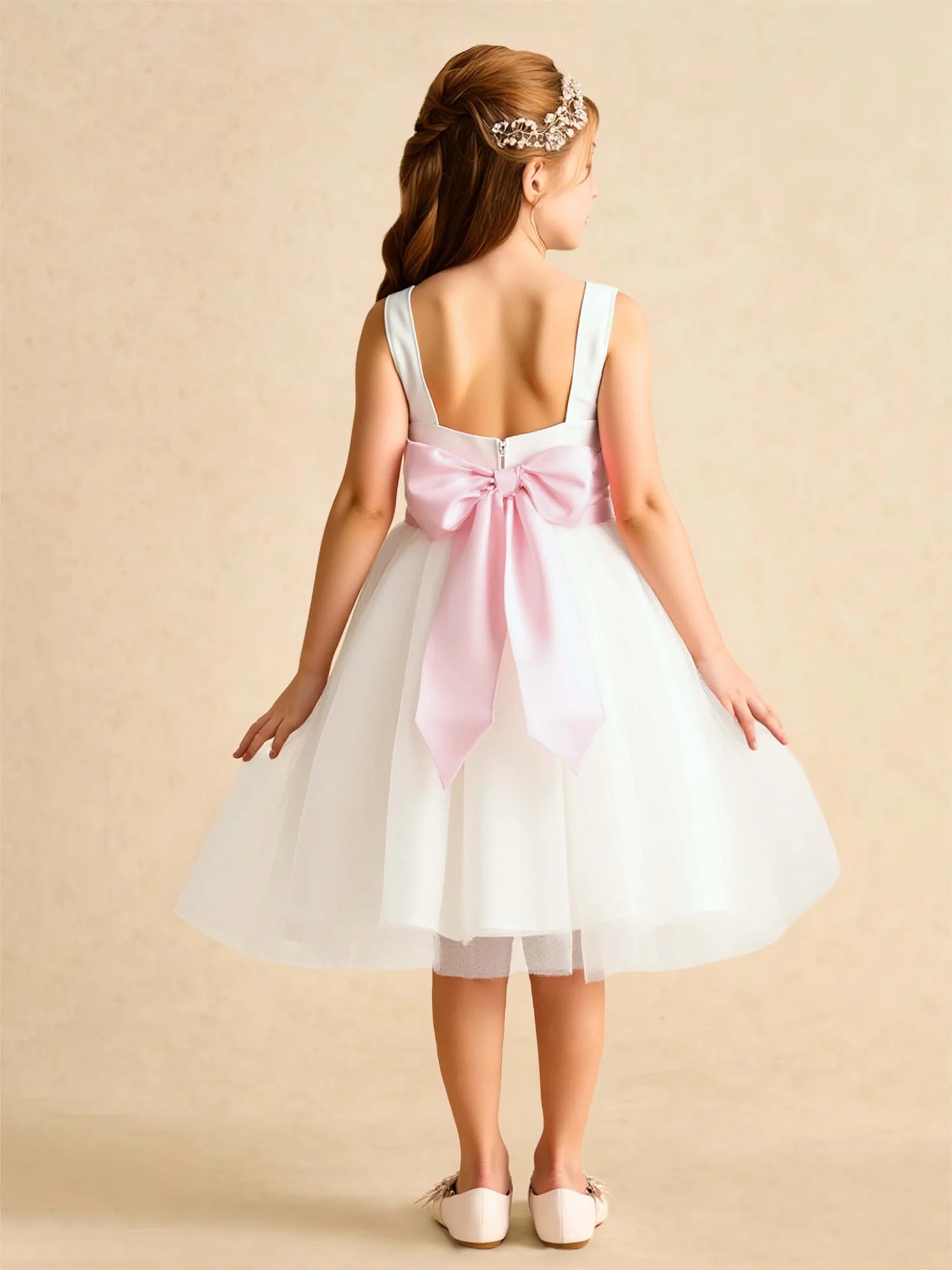 Wide Strap Square Waist Rose Back Bow White Tulle Short Flower Girl Dresses