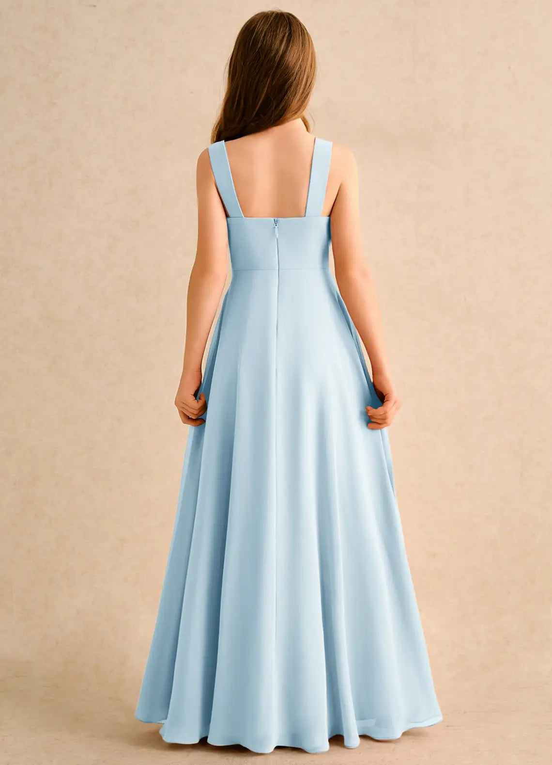 Wide Strap Sweetheart Neck Front Slit Light Blue Chiffon Full-Length Junior Bridesmaid Dresses
