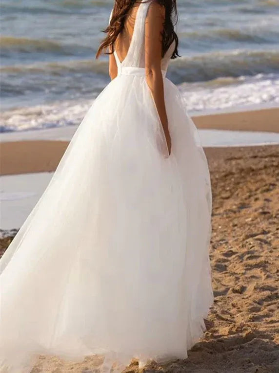 Wide Tank Deep V Low Back Ruched Bodice Soft Tulle A-Line Beach Wedding Dress