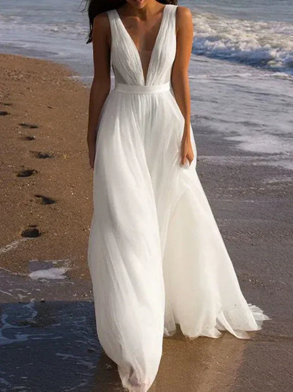 Wide Tank Deep V Low Back Ruched Bodice Soft Tulle A-Line Beach Wedding Dress