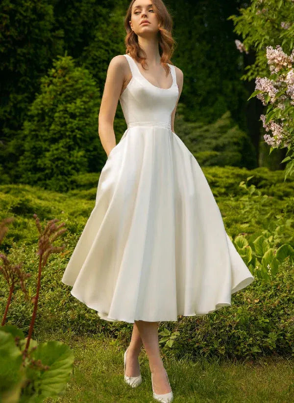 Wide Tank Scoop Neck Hidden Side Pocket Matte Satin Midi A-Line Wedding Dress