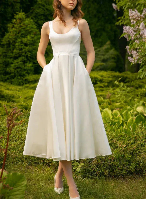 Wide Tank Scoop Neck Hidden Side Pocket Matte Satin Midi A-Line Wedding Dress