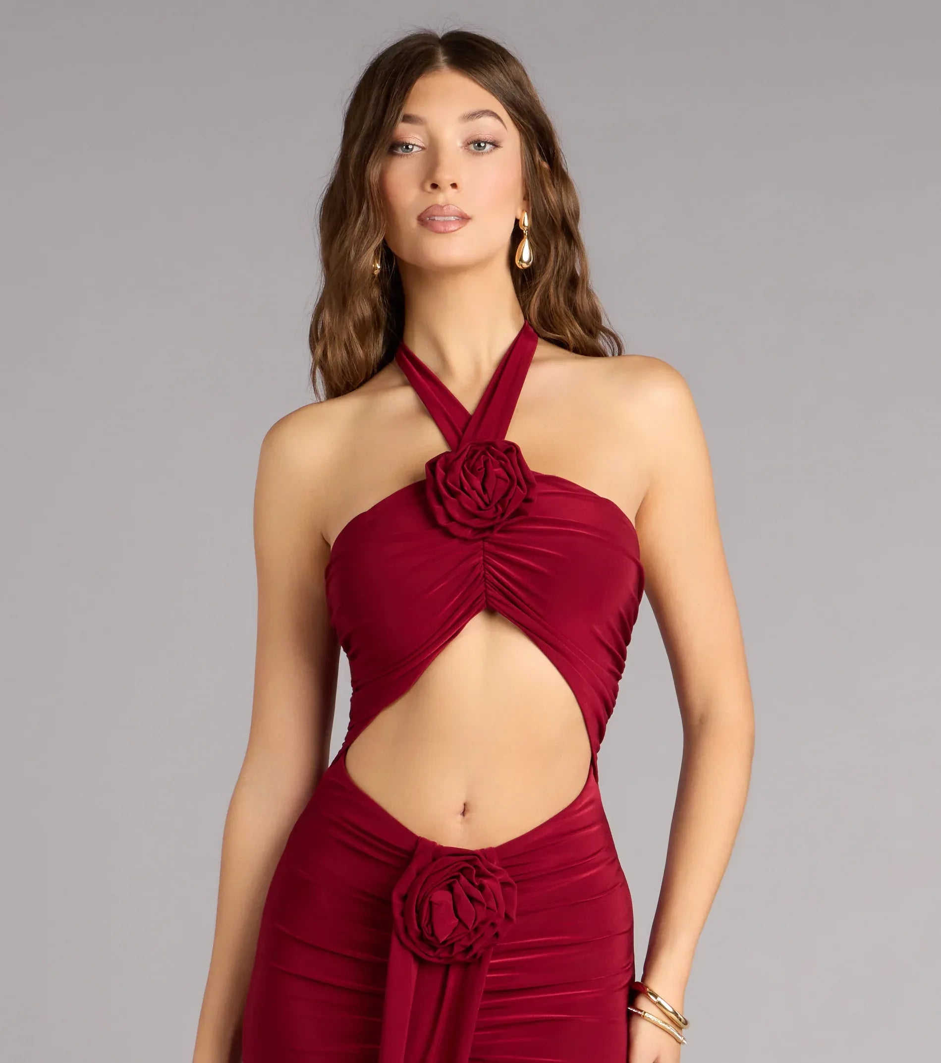 Wine Red Halter Floral Cutout Ruched High Slit Mermaid Maxi Wedding Guest Dresses