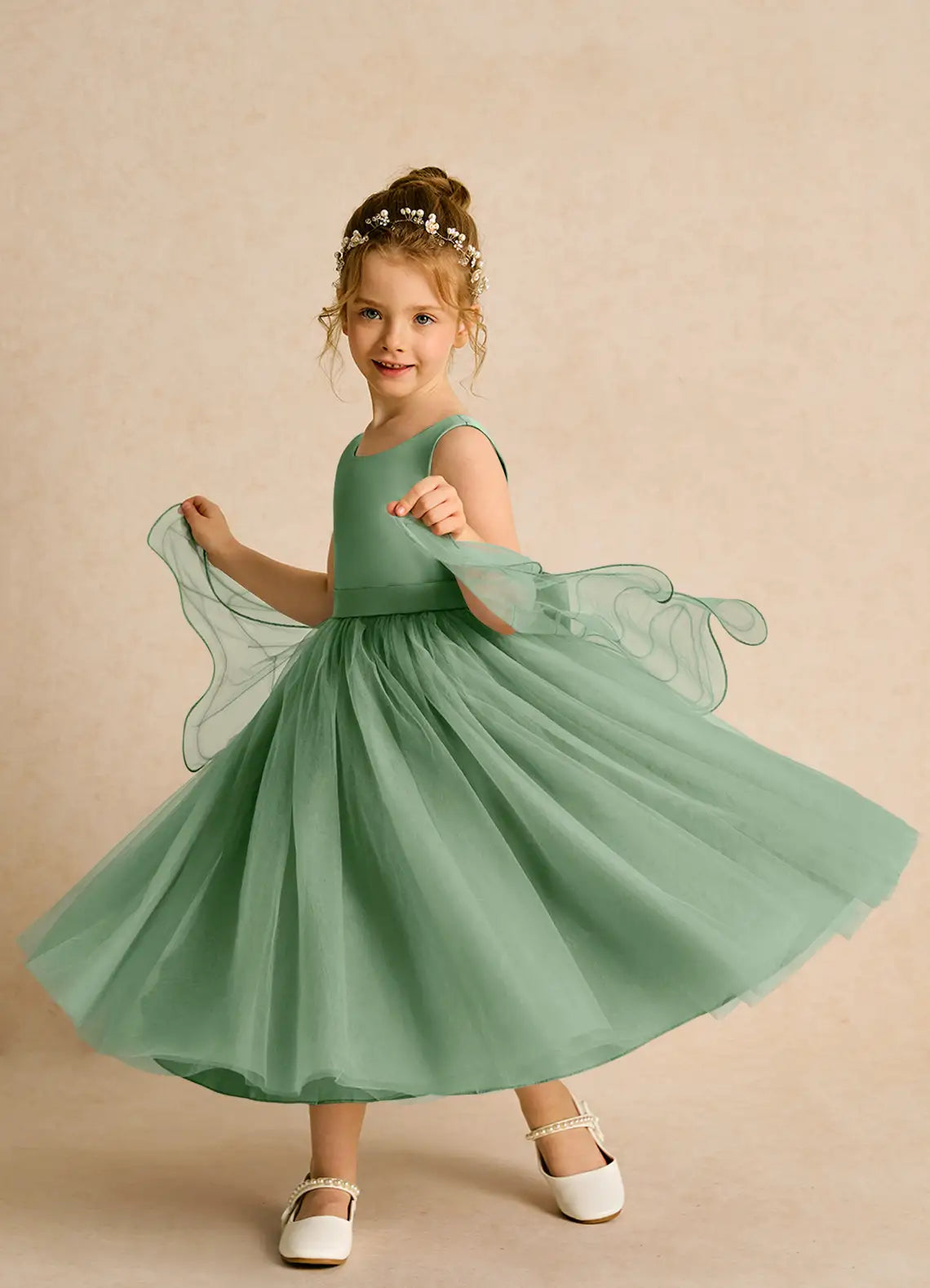 Wing A-Line Round Neck Sleeveless V-Back Midi-Length Formal Flower Girl Dress