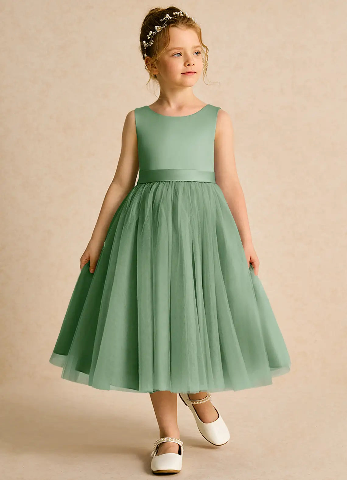 Wing A-Line Round Neck Sleeveless V-Back Midi-Length Formal Flower Girl Dress