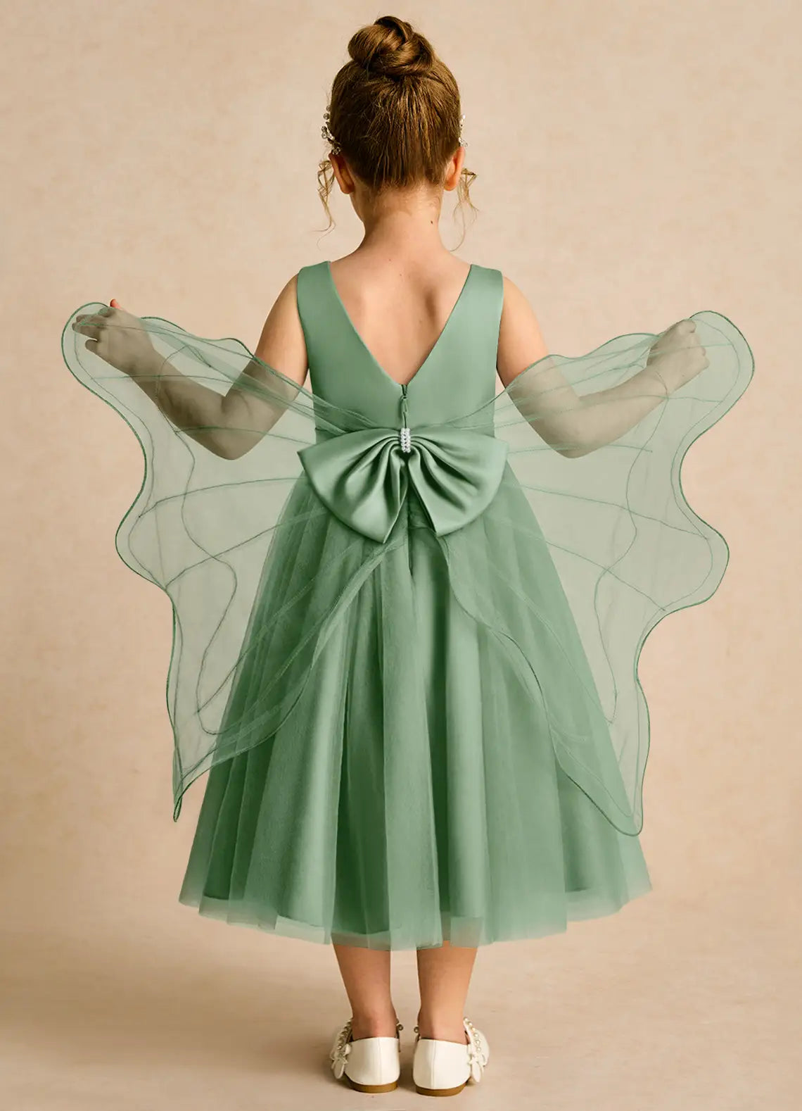Wing A-Line Round Neck Sleeveless V-Back Midi-Length Formal Flower Girl Dress