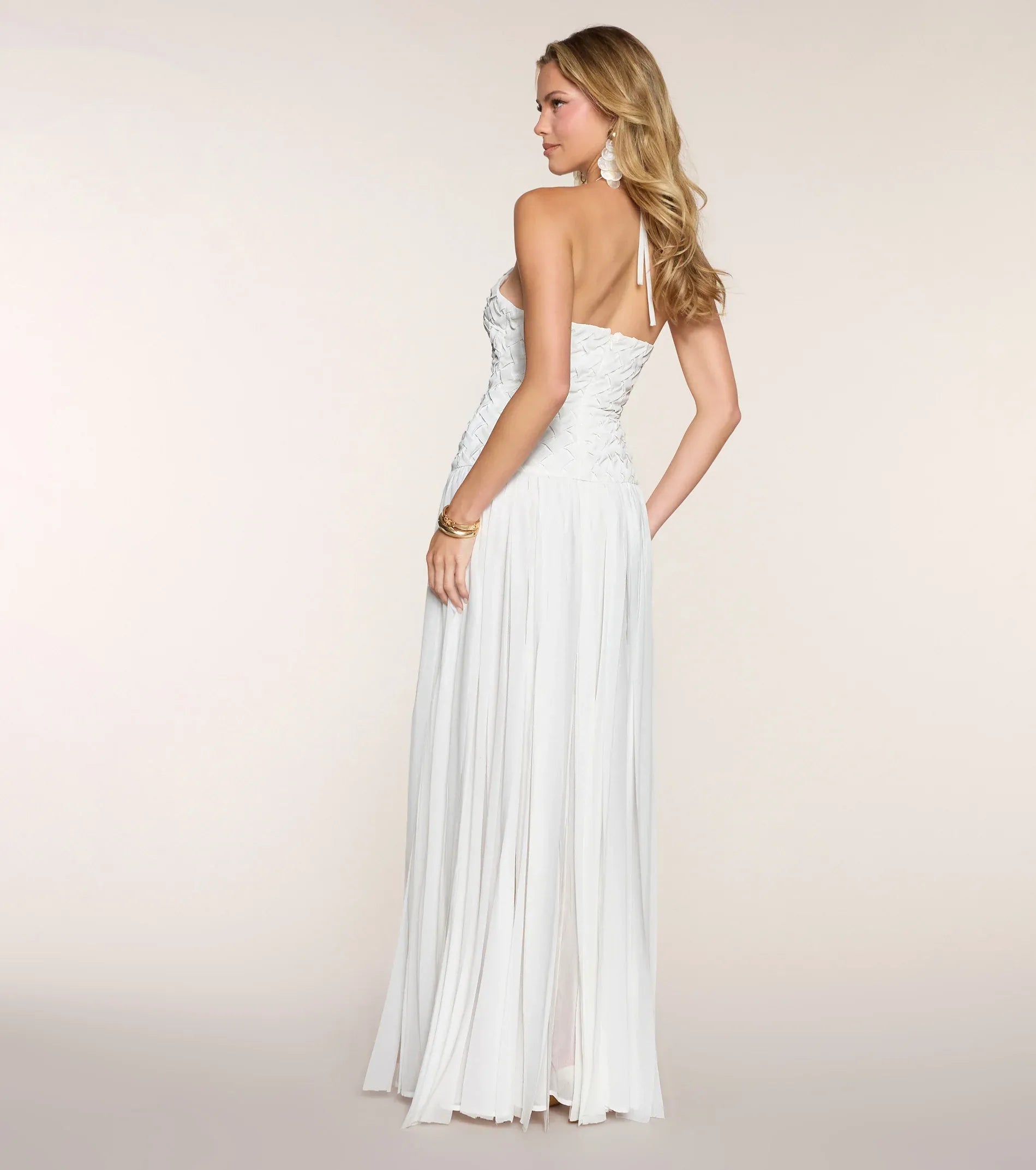 Woven Mermaid Halter Sleeveless Tie-Back Slit Maxi Wedding Guest Dress