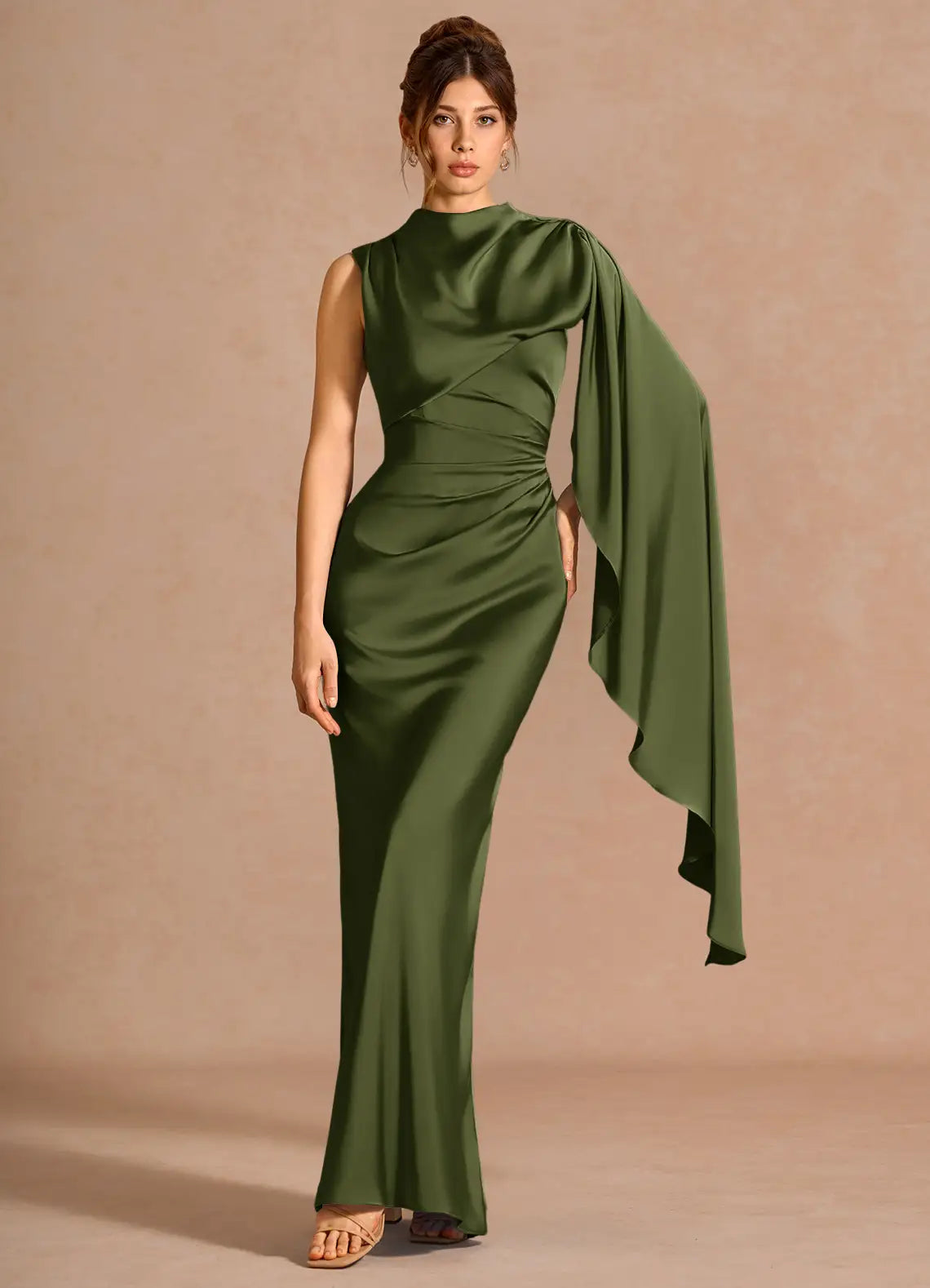 Olive High Neck Draped Sash Ruched Lace-Up Back Satin Mermaid Maxi Bridesmaid Dress