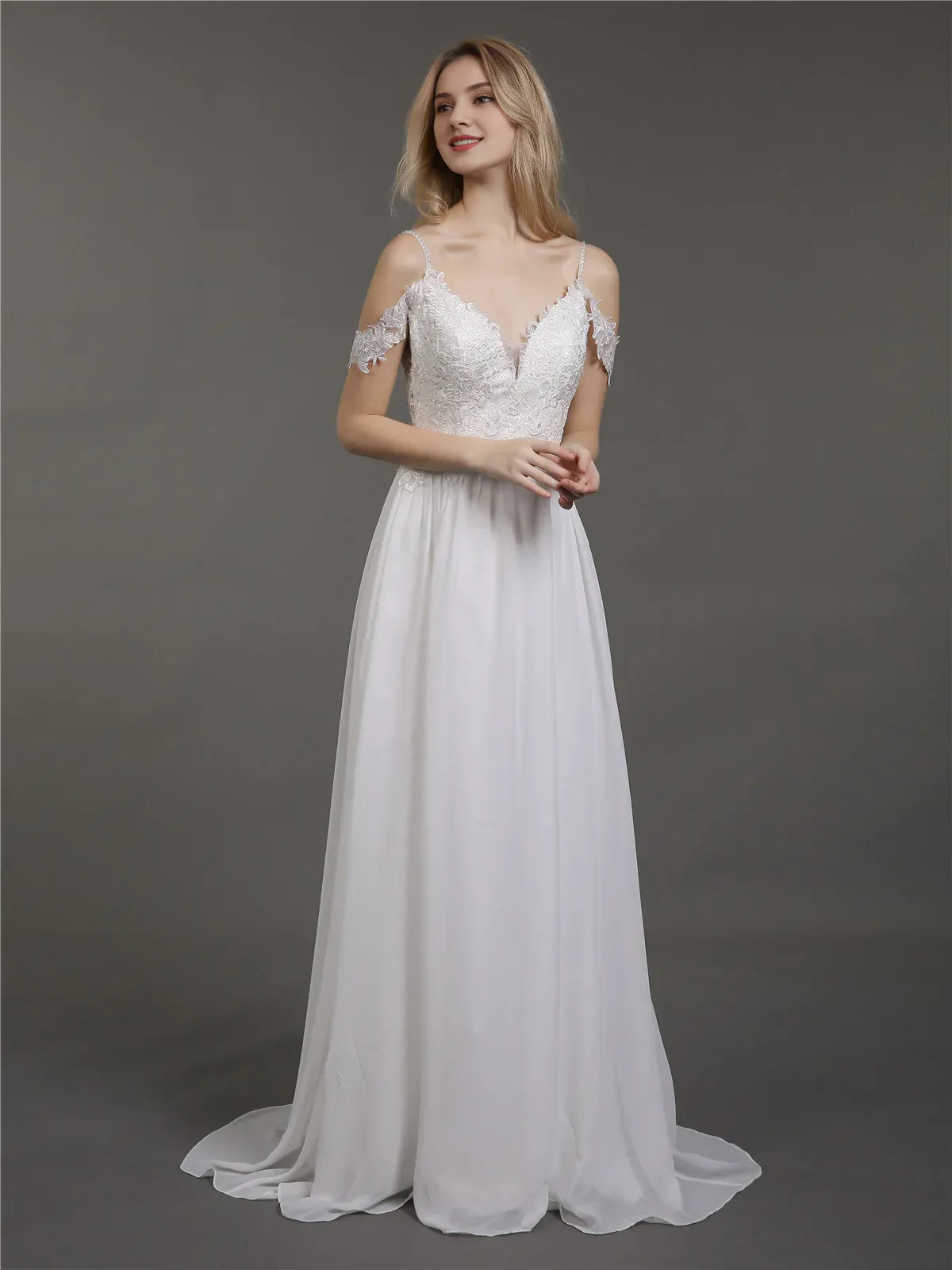 Airy A-Line Sweetheart-Neck Cold-Shoulder Floor-Length Wedding Dress