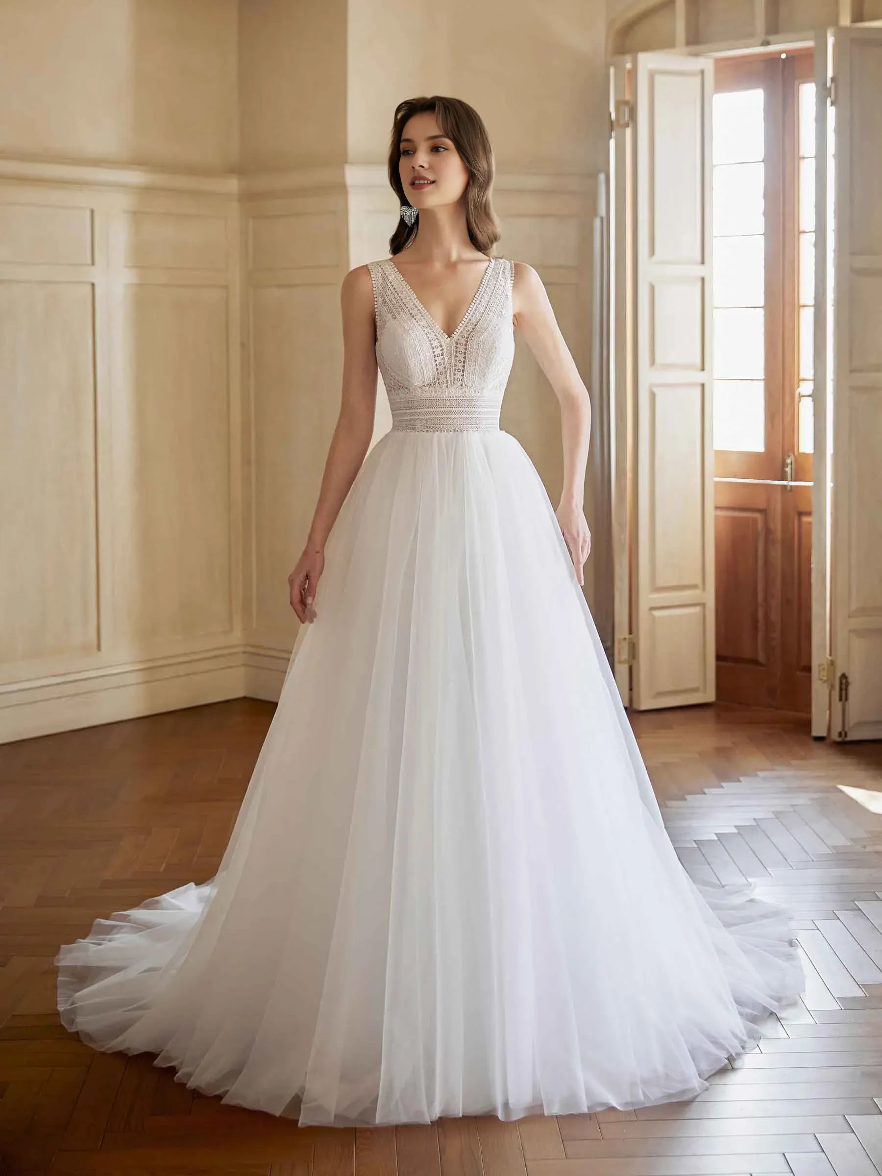Airy A-Line V-Neck Sleeveless Floor-Length Wedding Dress