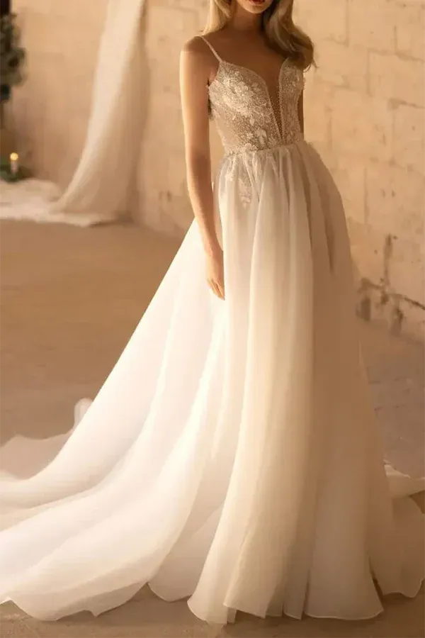 Airy Plunging V-Neck Spaghetti-Strap A-Line Floor-Length Wedding Dress