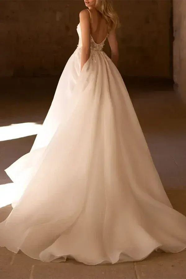 Airy Plunging V-Neck Spaghetti-Strap A-Line Floor-Length Wedding Dress