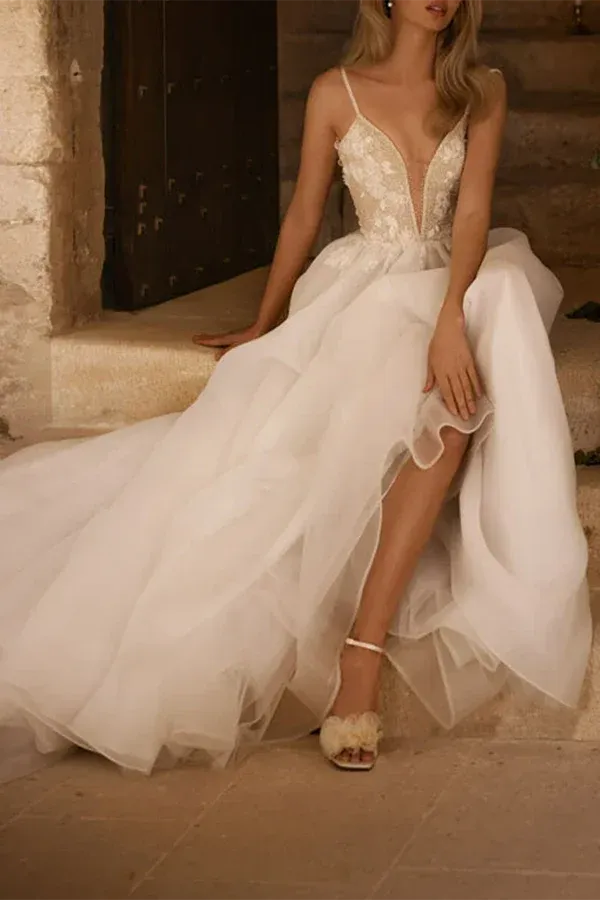 Airy Plunging V-Neck Spaghetti-Strap A-Line Floor-Length Wedding Dress