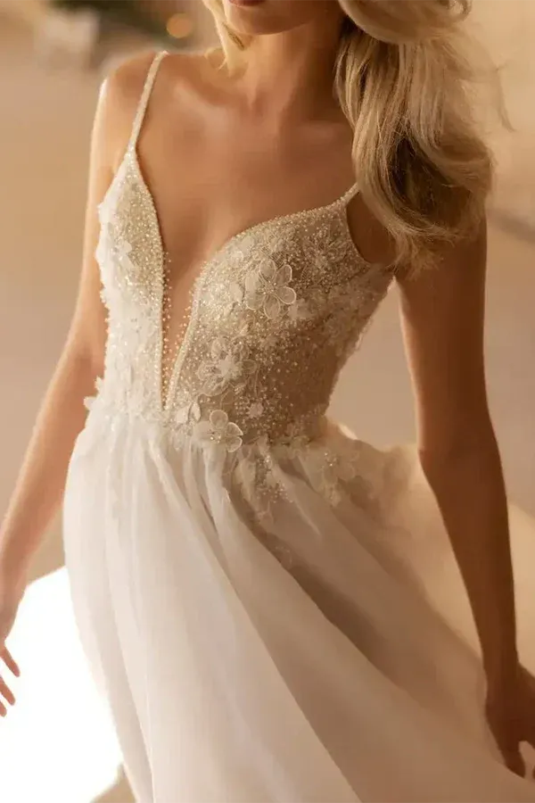 Airy Plunging V-Neck Spaghetti-Strap A-Line Floor-Length Wedding Dress
