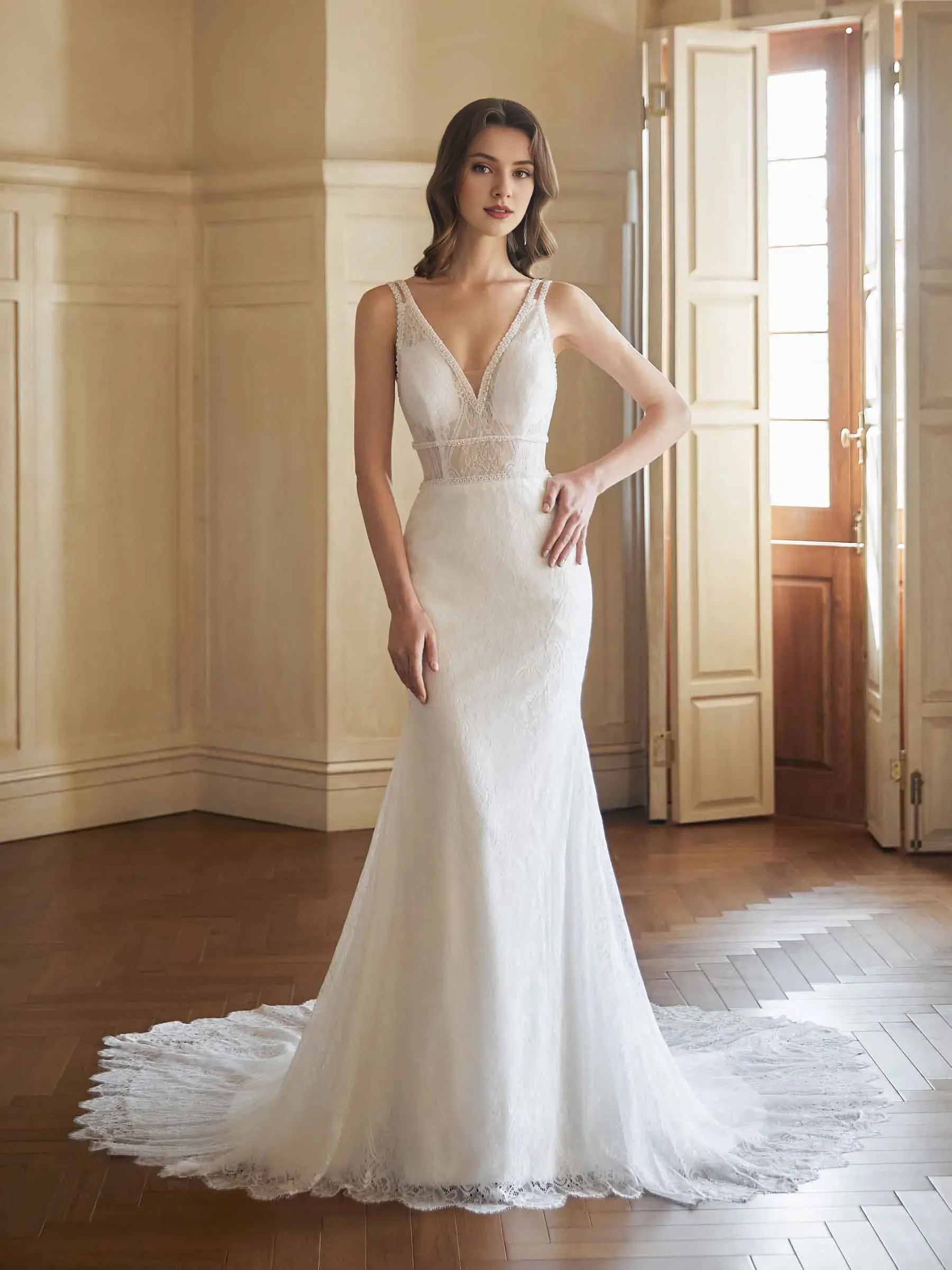 Alluring Mermaid V-Neck Sleeveless Floor-Length Wedding Dress