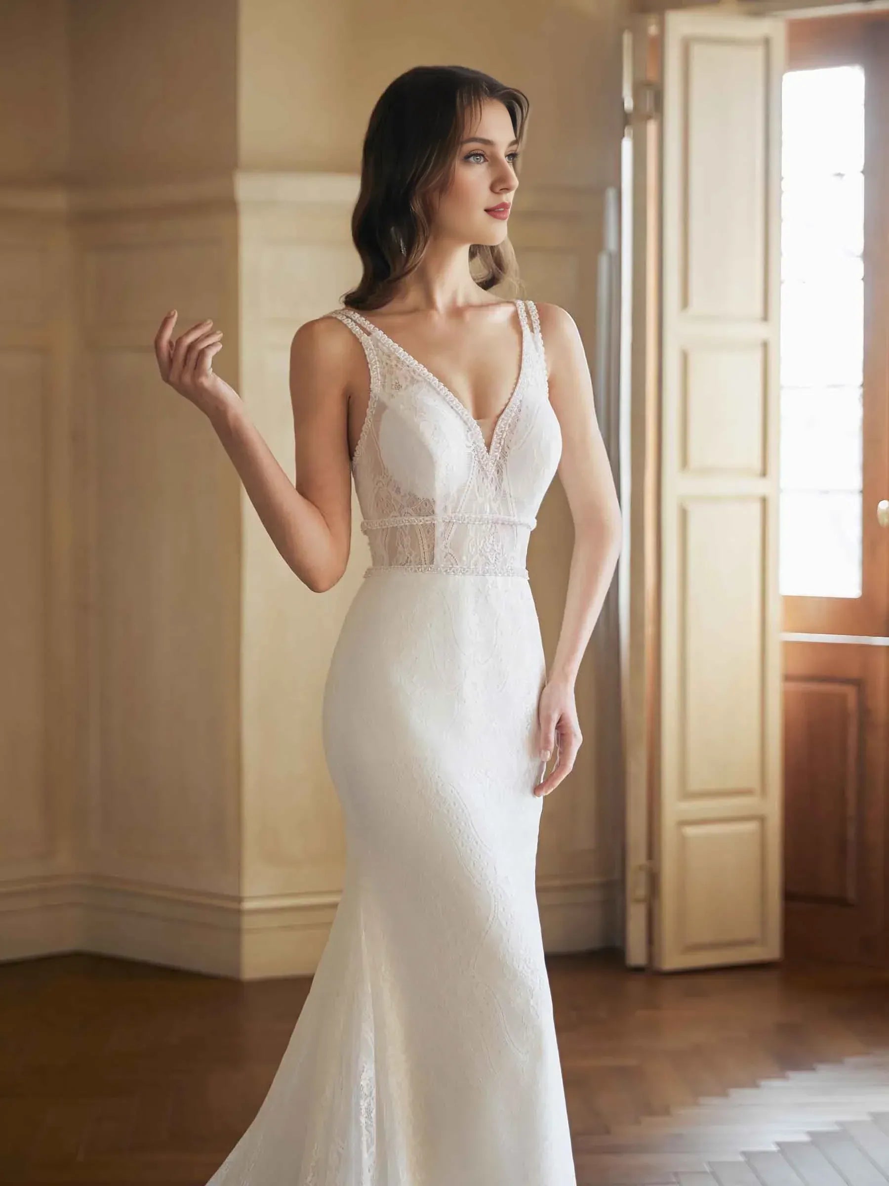 Alluring Mermaid V-Neck Sleeveless Floor-Length Wedding Dress