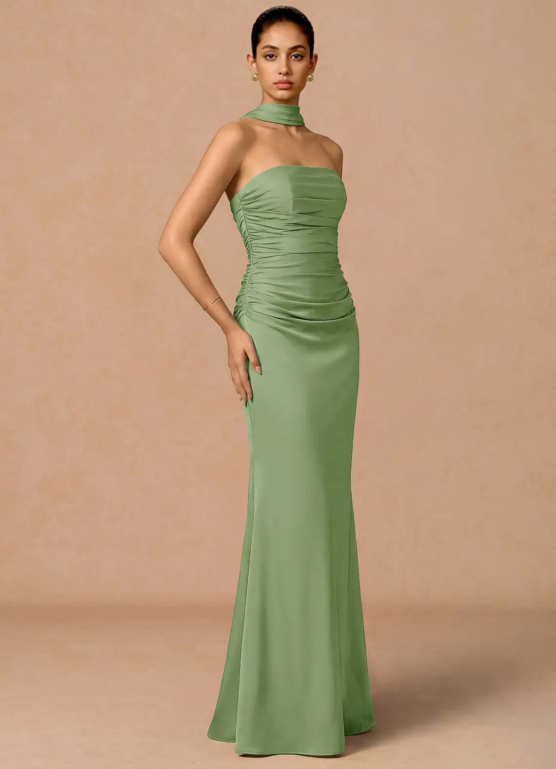 Sage Halter Choker Strapless Ruched Open Back Flower Mermaid Maxi Bridesmaid Dress