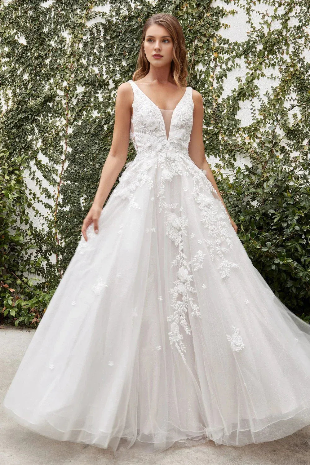 Blossoming A-Line Plunge-Neck Sleeveless Floor-Length Wedding Dress